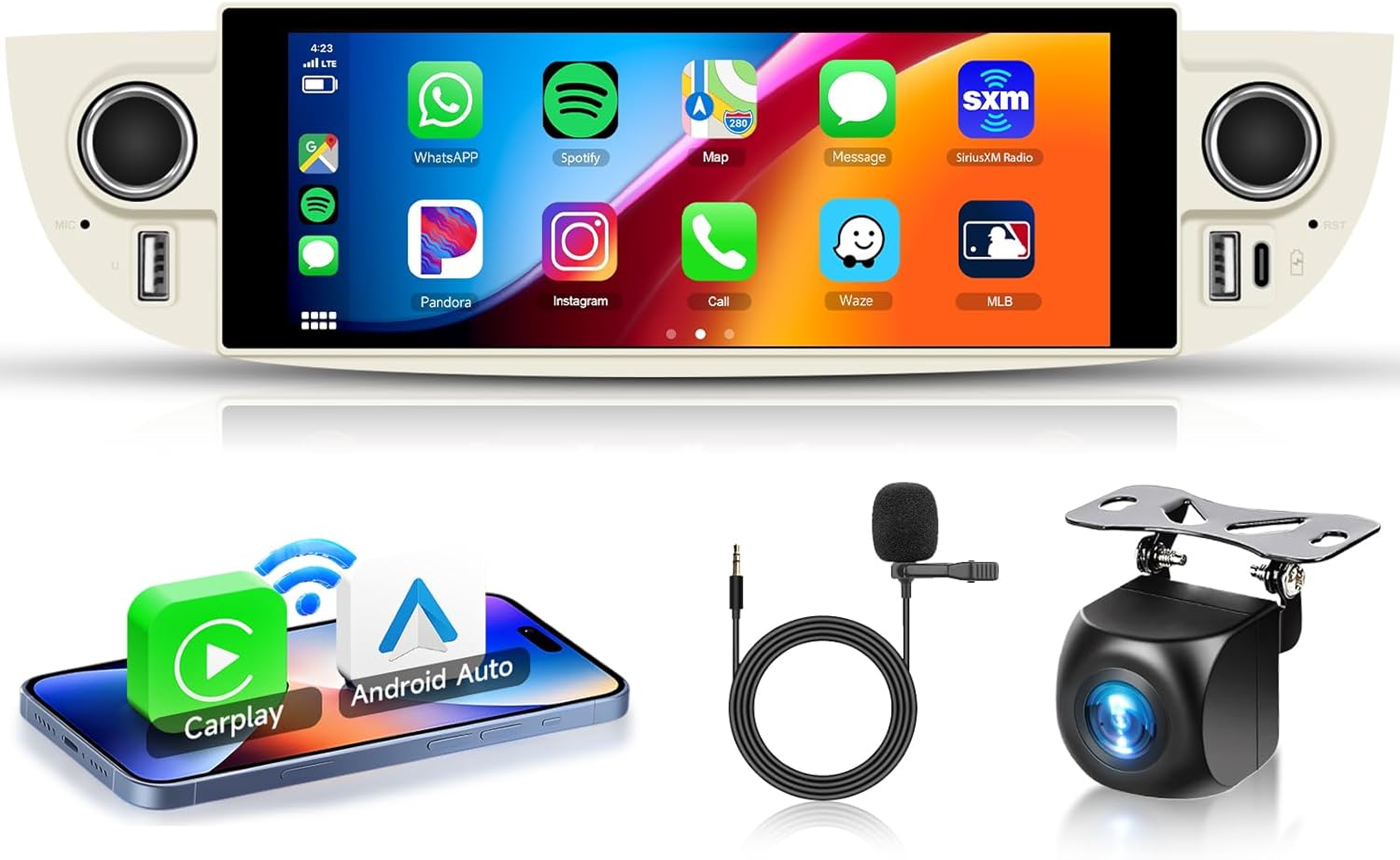 2G+64G Car Radio for Fiat 500 2007-2015 with Wireless Carplay, Android Auto, Android 13 Touchscreen Stereo with GPS/WiFi/Bluetooth/FM/Voice Control/SWC/Backup Camera