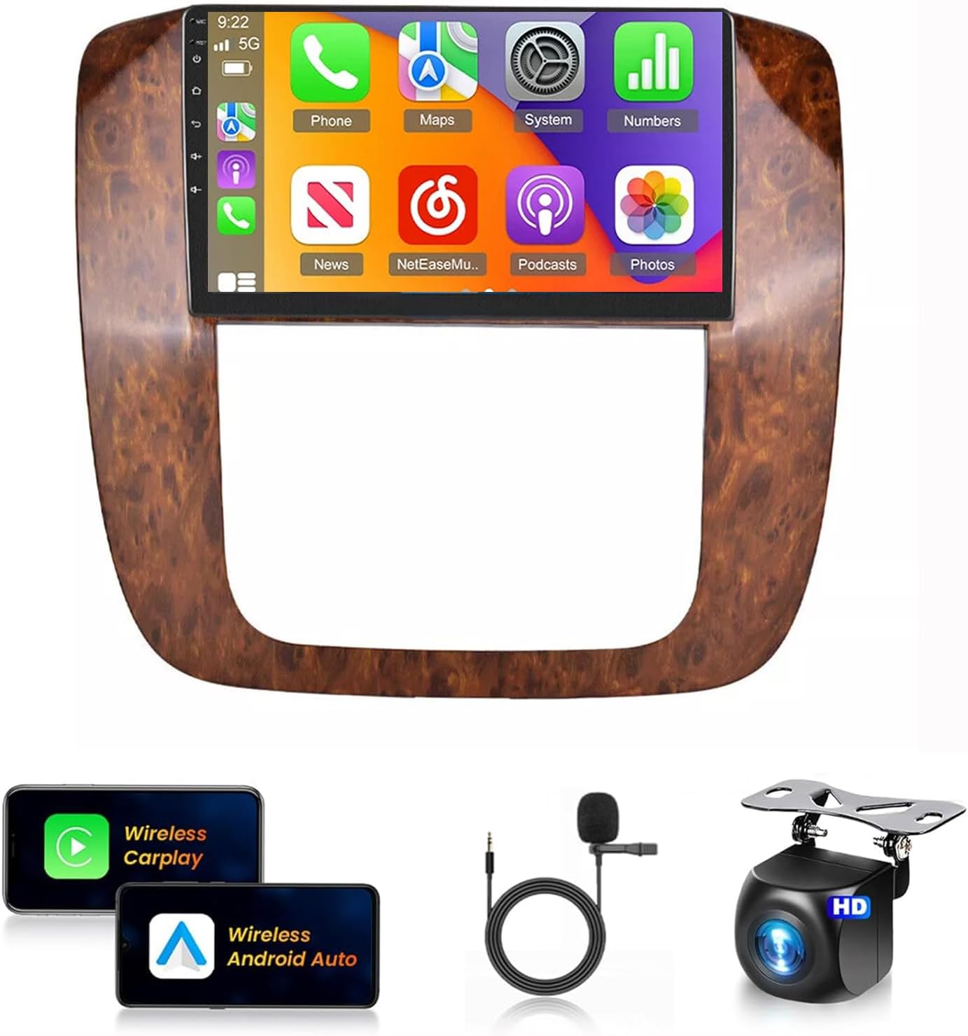 Car Stereo for GMC Yukon Chevrolet Chevy Tahoe Suburban 2007-2012 with Wireless Carplay&Android Auto,9 Inch Touchscreen Bluetooth Car Radio with GPS, WiFi, FM Radio,Backup Camera,SWC,MIC