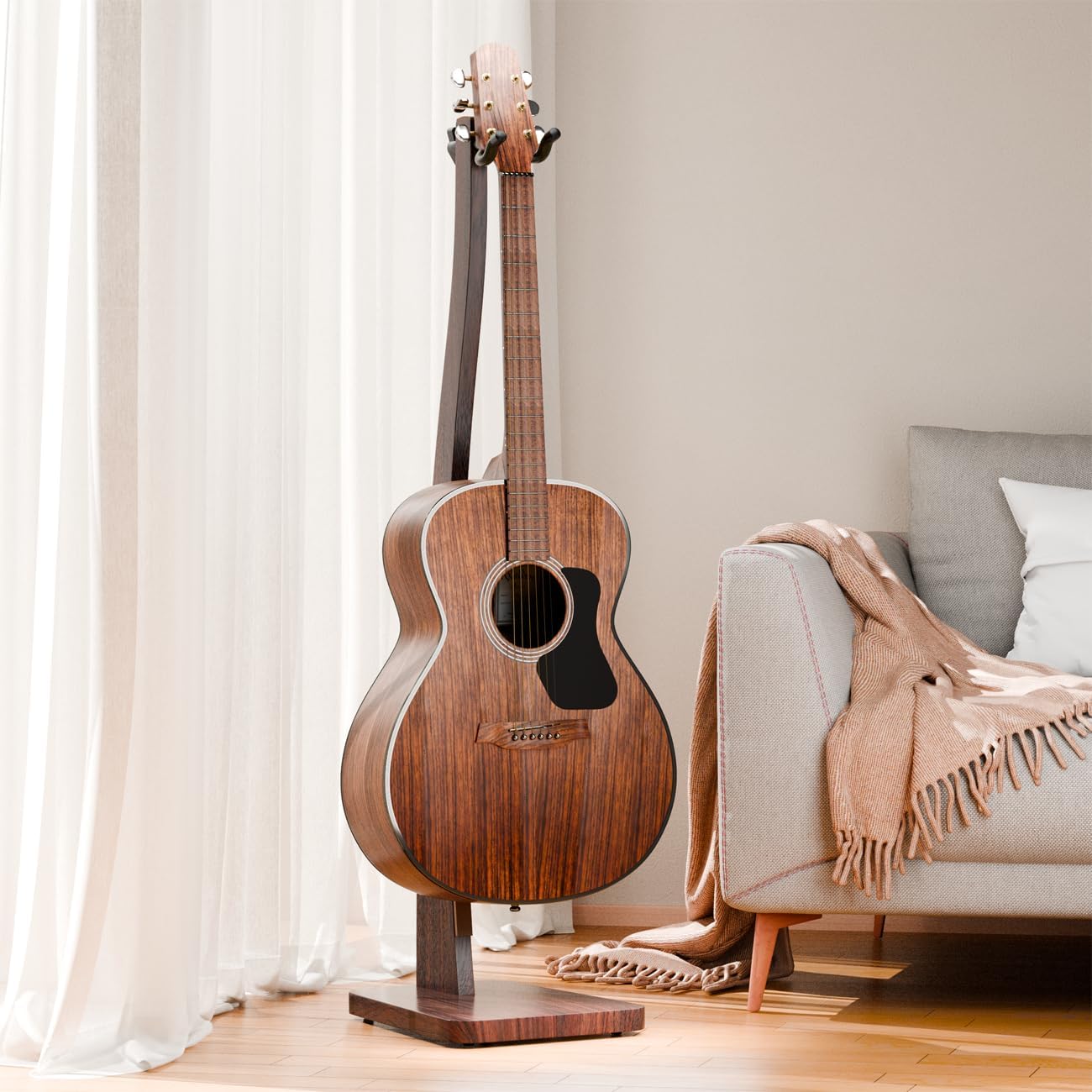 Guitar Stand, Acoustic Guitar Stand Floor, Premium Solid Wood Guitar Stand, Single Guitar Holder Stand for Acoustic Guitar, Electric Guitar, Bass Guitar, Semi Curved Hanging Guitar Stands for Studio, Living Room, American Black Walnut