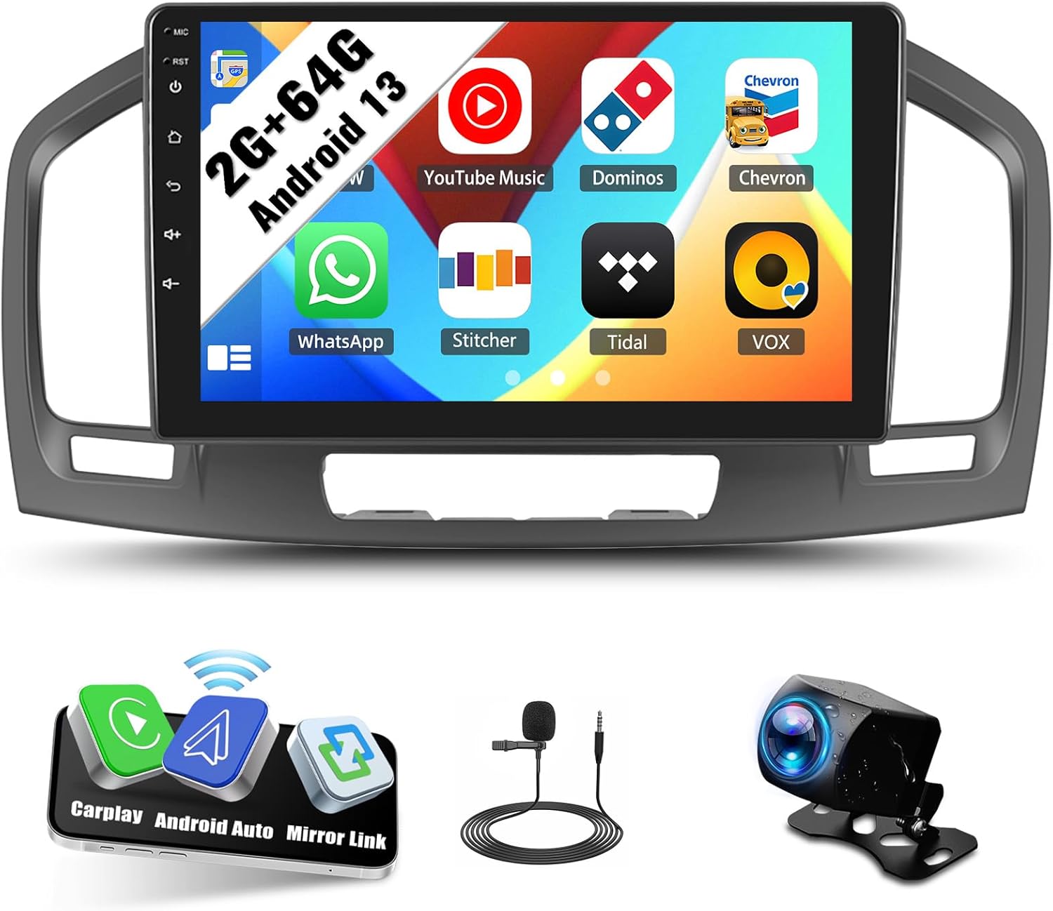 SIXWIN Android Car Stereo for Buick Regal 2009-2013/Opel Insignia 2008-2013 with Wireless CarPlay Android Auto Mirror Link 2G+64G 9 Inch Touchscreen Bluetooth GPS Navigation WiFi FM Backup Camera MIC