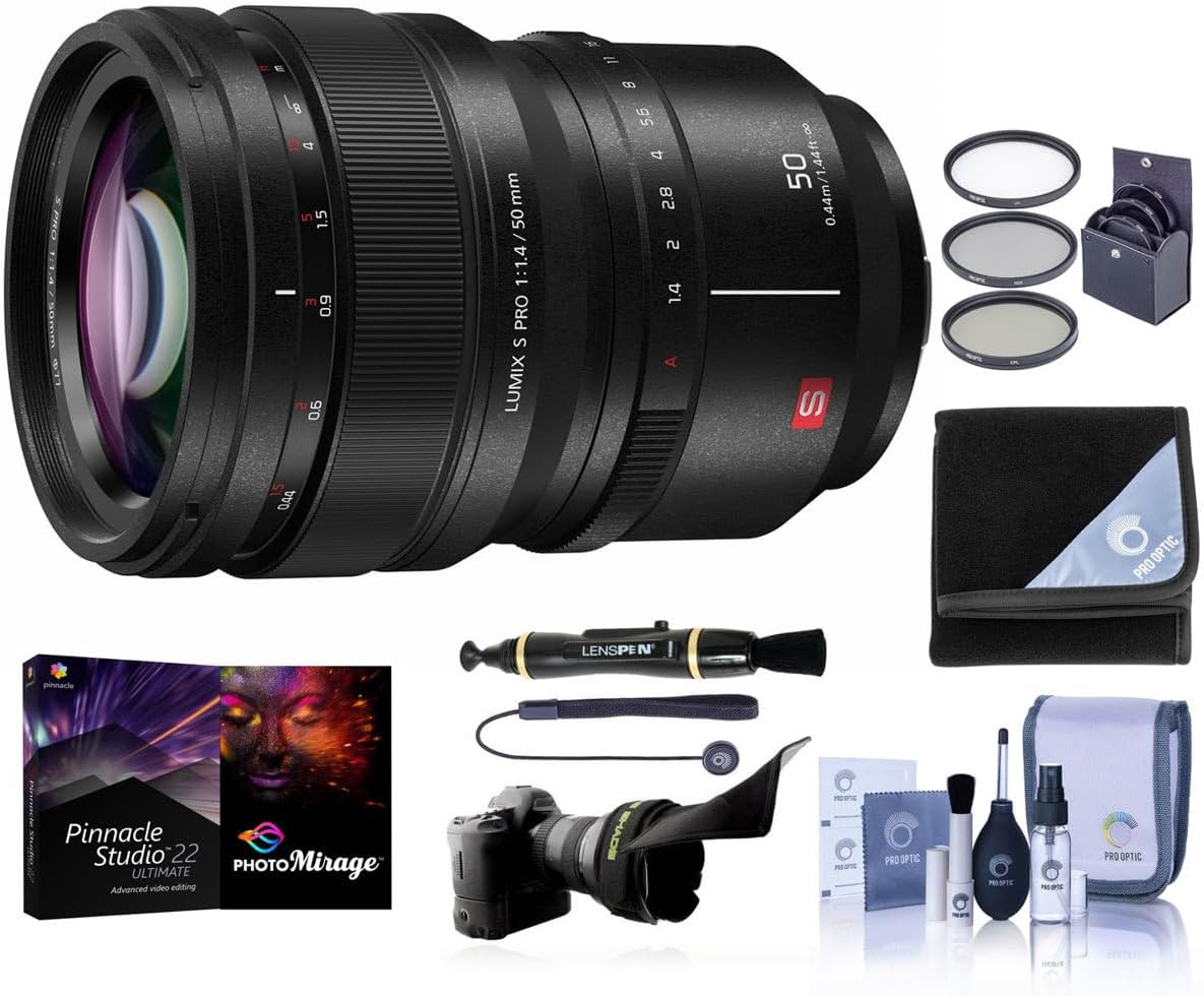 Panasonic LUMIX S PRO 50mm f/1.4 Lens for L Mount, Bundle with 77mm Filter Kit, Flex Lens Shade, Lens Cleaner, Lens Wrap, Cap Tether, Cleaning Kit, PC Software Kit