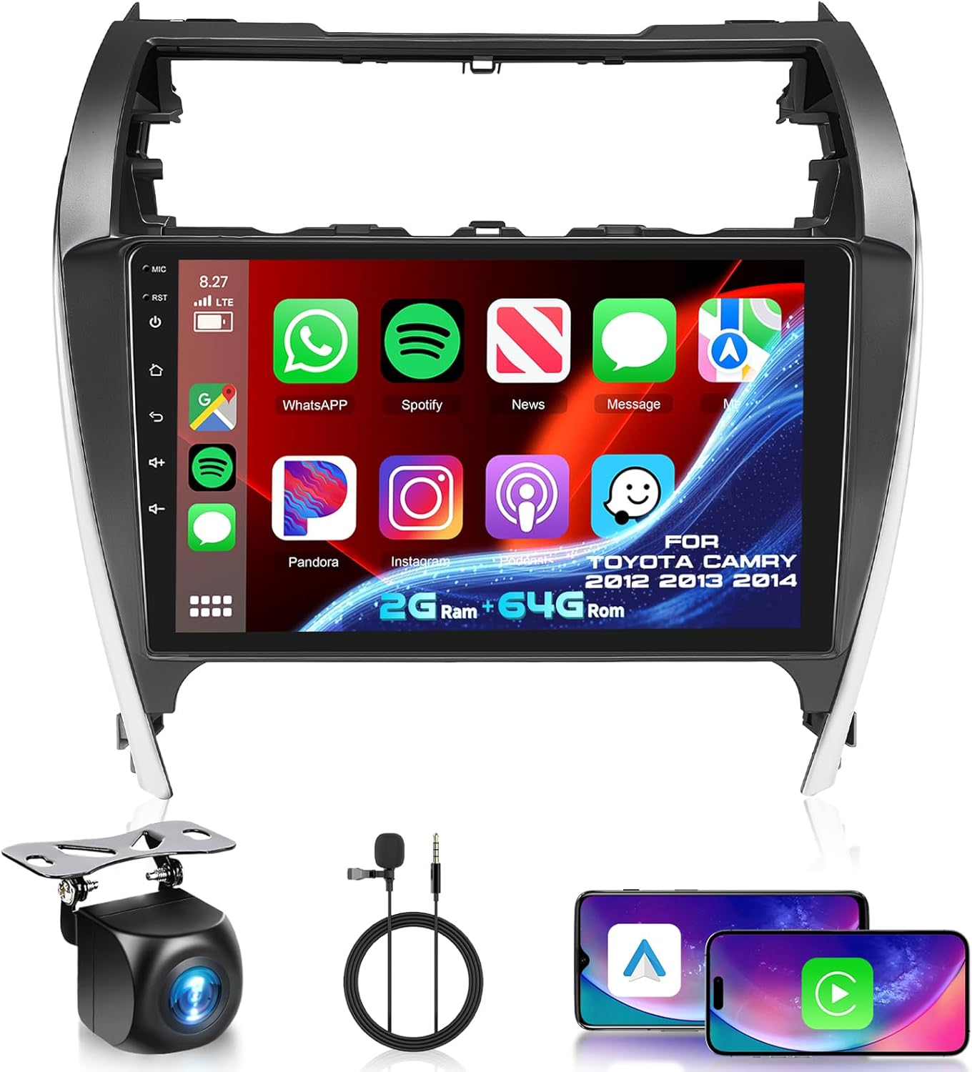 2G+64G Car Radio Stereo for Toyota Camry 2012 2013 2014 with Wireless CarPlay/Android Auto, 10.1 Inch HD Touch Screen Android 13 Head Unit GPS WiFi Bluetooth FM/RDS EQ HD Backup Camera