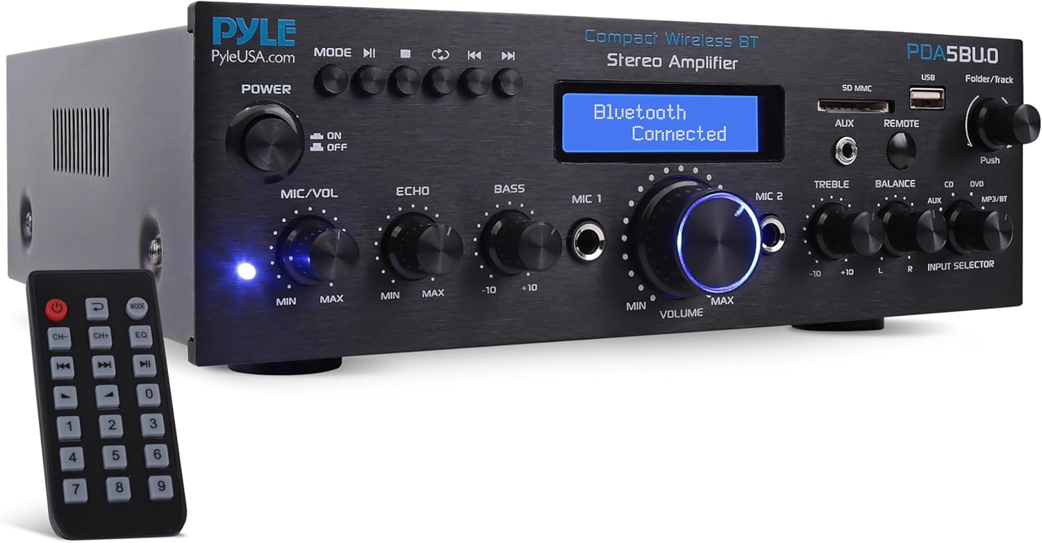 Pyle 200W Audio Stereo Receiver - Wireless Bluetooth Power Amplifier Home Entertainment System w/ AUX in, USB Port, 2 Karaoke Microphone Input, Remote, Black - PDA5BU.0
