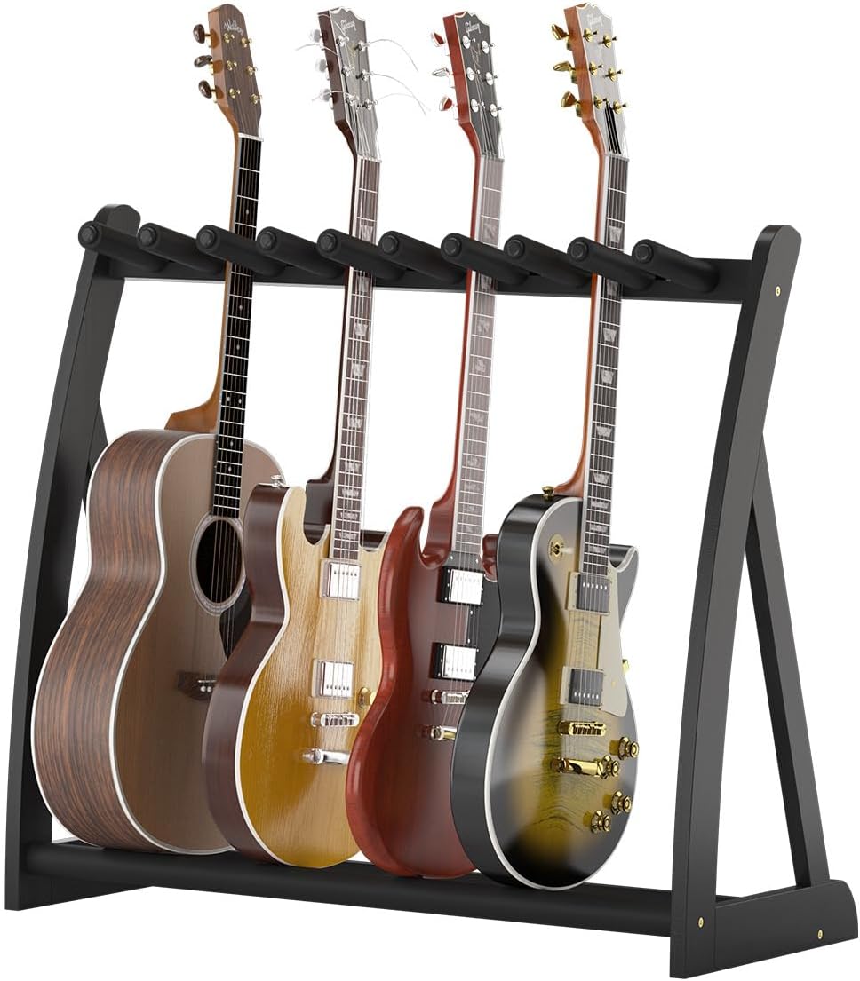 Multi Guitar Stand Heavy Duty - Wood Floor Stand for Electric Guitar and Bass, Adjustable Non-Slip Guitar Rack, Holds Multiple Guitars & Basses (Electric Guitar Stand, Bass Stand, Wood Guitar Stand)