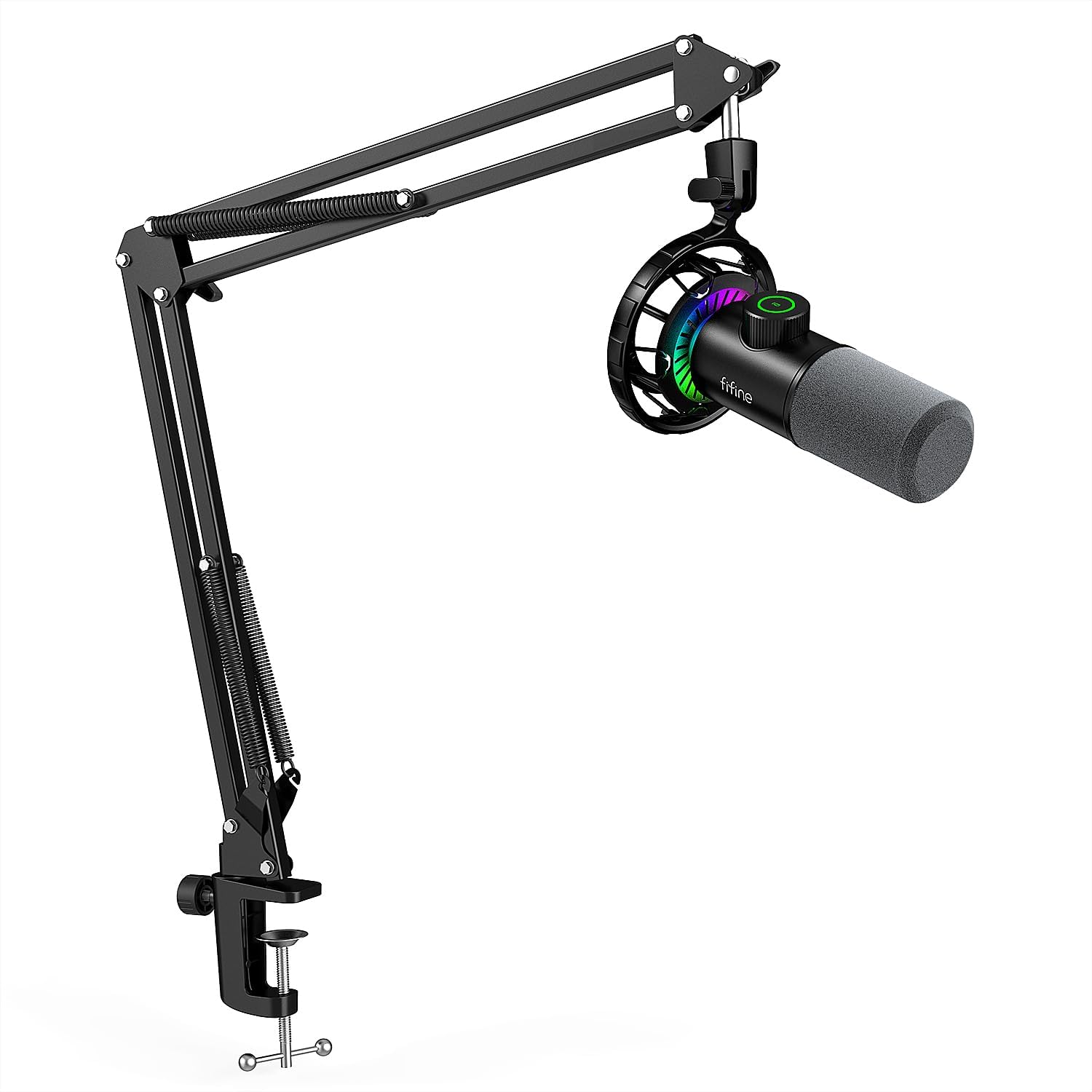 FIFINE USB Gaming Microphone and Boom Arm Stand Kit, RGB Dynamic Mic with Tap-to-Mute, Gain Knob for Streaming, Metal Mic Stand with C-Clamp, 3/8