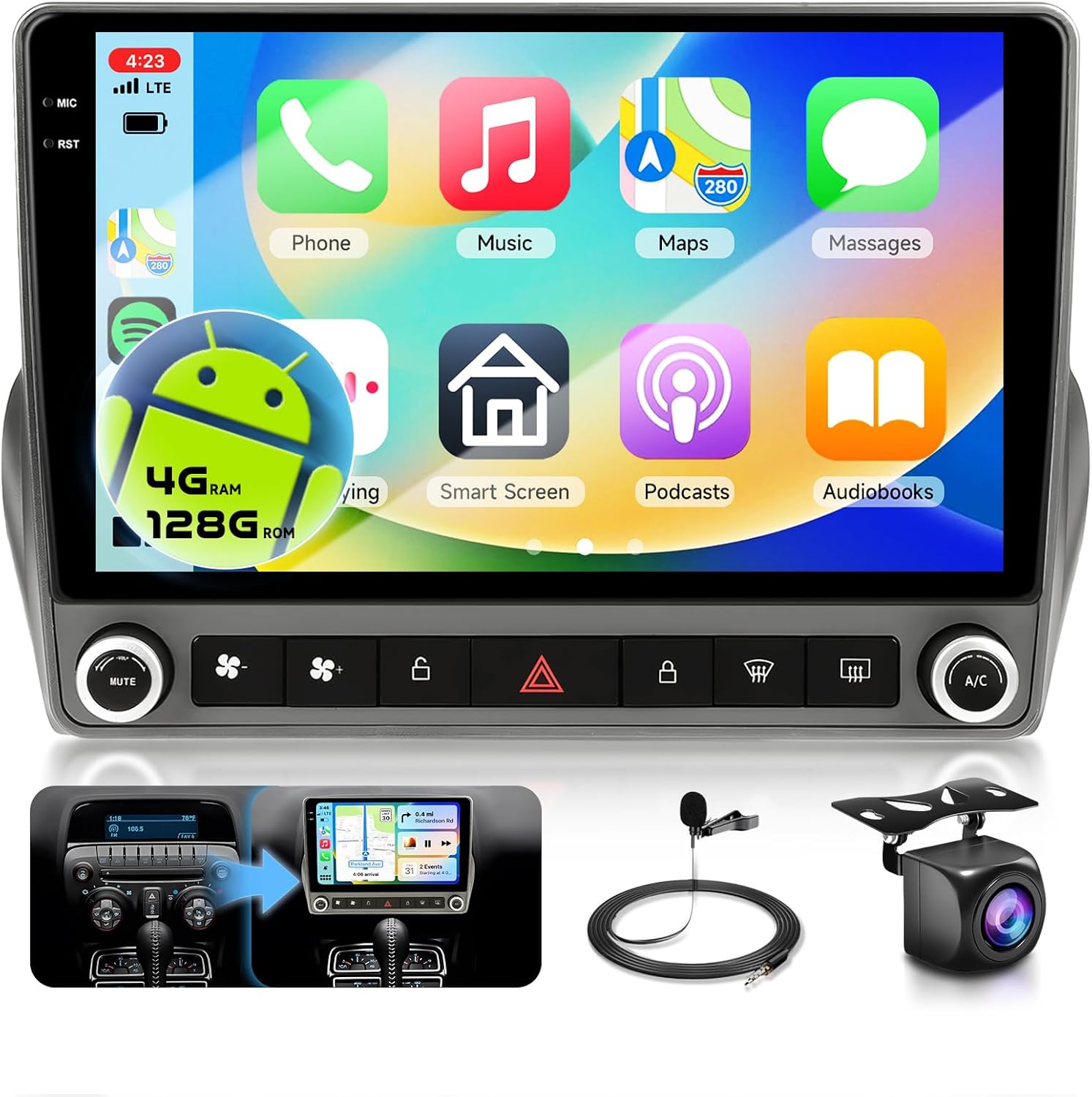 4G+128G Android Car Stereo for Chevrolet Chevy Camaro 2008-2015 with DSP/Wireless Carplay/Android Auto, 9 inch 1280 * 720 in-Cell Touch Screen Radio Bluetooth 5.0 FM/RDS Mirrorlink Backup Camera