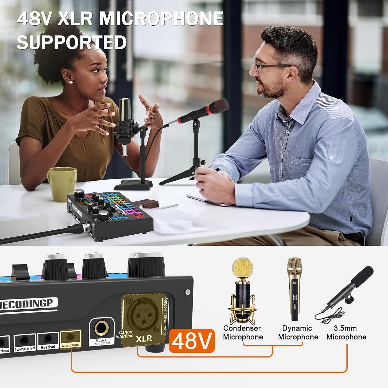 RHM X7 Podcast Equipment, Audio Mixer Interface with 48V Phantom Power & XLR Microphone Interface, 4 Voice Changing Modes, 16 Sound Effects, LCD Display, for PC/Phone/Streaming (TY01)