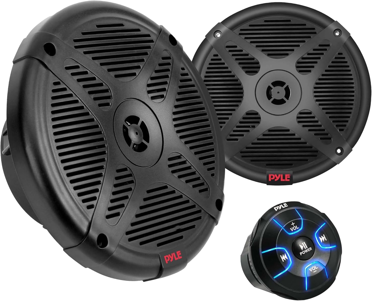 Pyle 6.5'' Dual Marine Speakers Kit - Waterproof-Rated w/Amplified Bluetooth Remote Control Receiver for Powersport Vehicles, IP65 Marine Grade Rating, 600 Watt Max Power PLMRKT8, Black