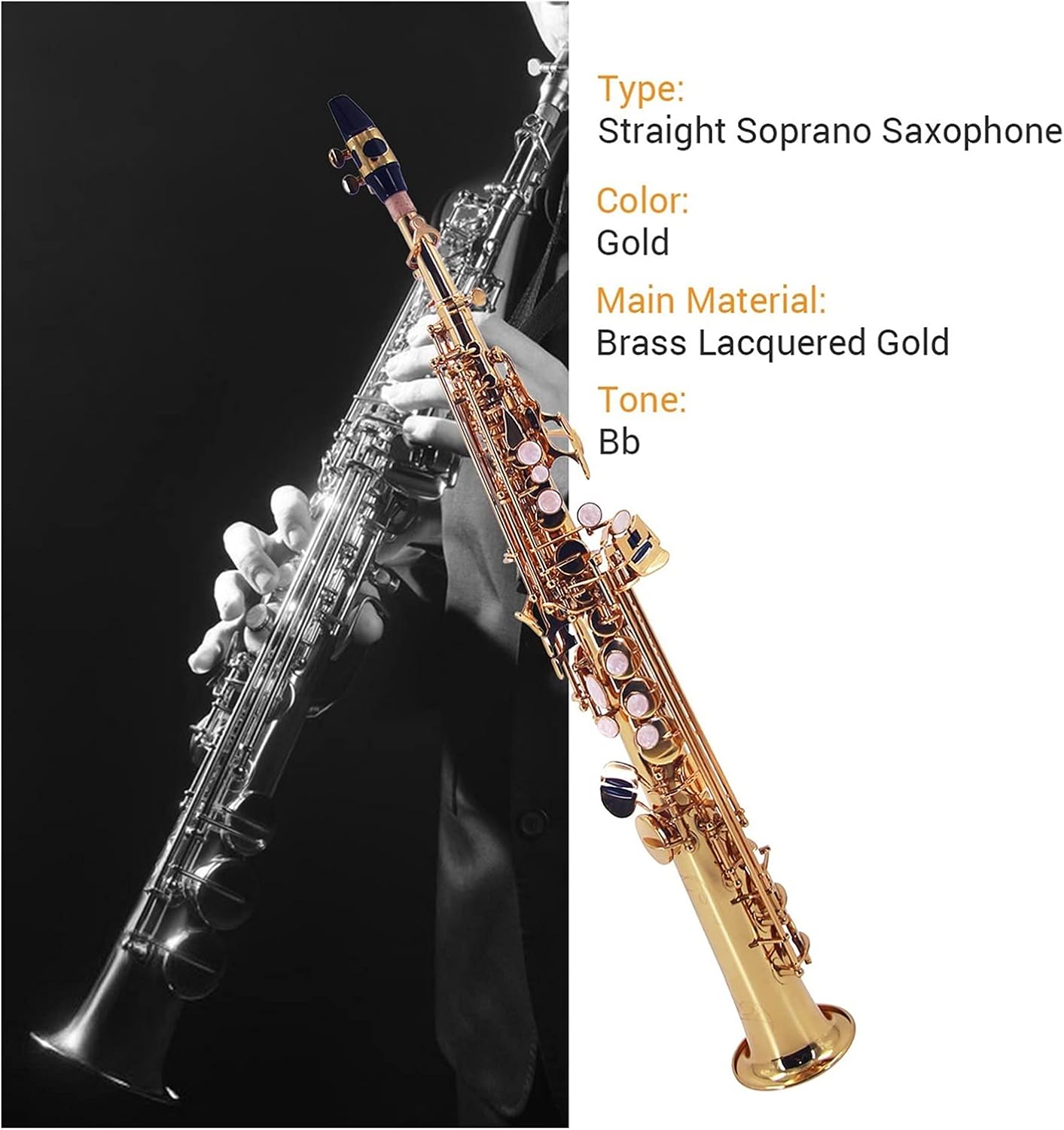 Straight Bb Soprano Saxophone Brass Lacquered Gold Woodwind Instrument with Carrying Case Reed Cleaning Brush Cloth Student Saxophone