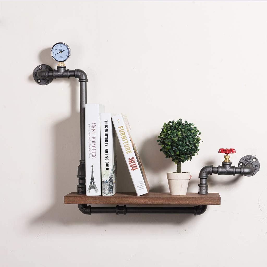 JHSLXD Retro Water Pipe Bookshelf Loft Industrial Style Solid Wood Bulkhead Shelf Multifunction Wrought Iron Wall Mount Decoration Display Stand 45 40CM,4540CM