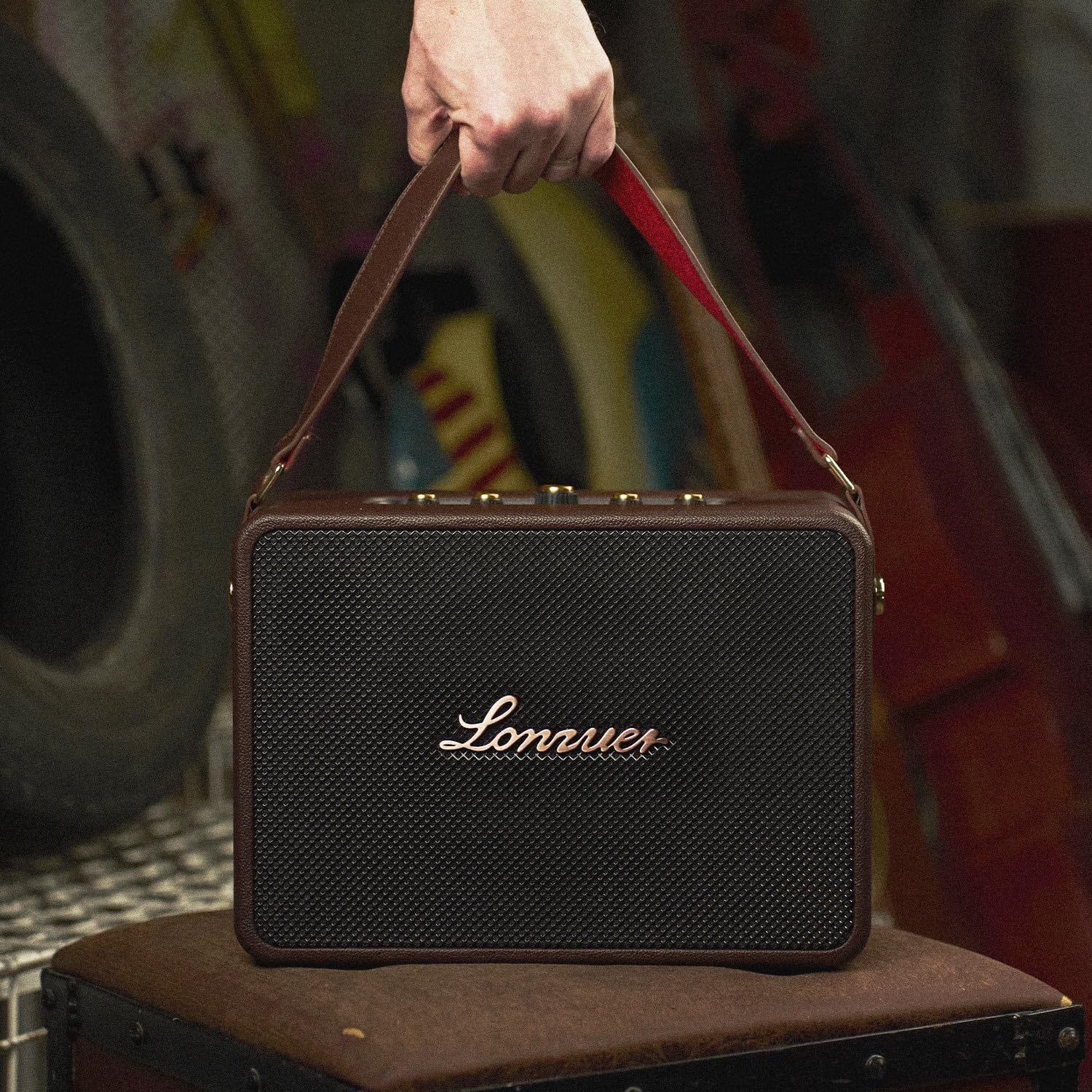 18000mAh Rechargeable 120W Loud Bass Retro Portable Karaoke Machine Bluetooth Speaker with 2 Wireless Microphones AUX Guitar Input for Adults (Brown)