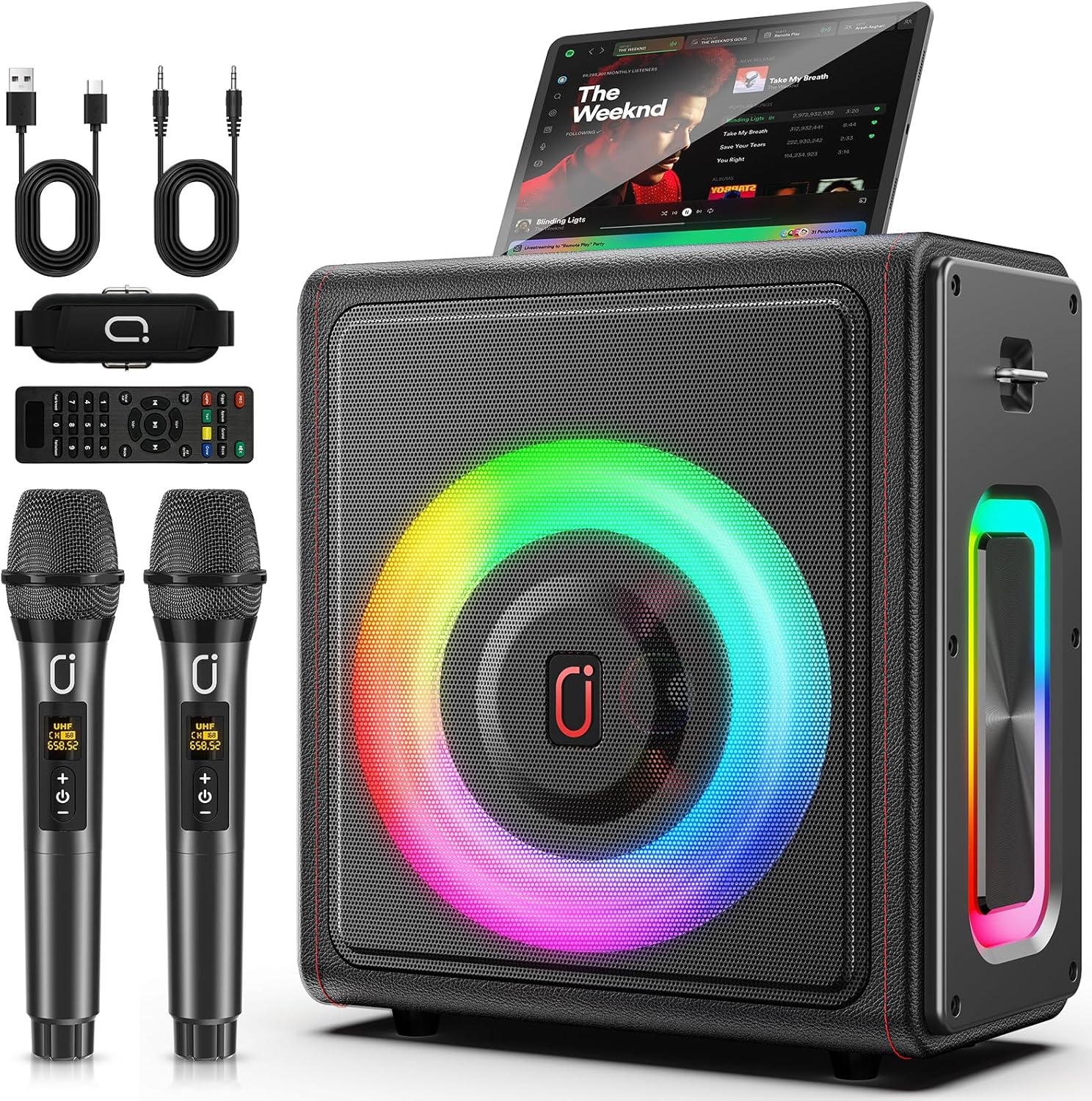 Karaoke Machine, Portable Bluetooth 5.3 Speaker with 2 Wireless Microphones for Adults, PA System with Pitch Correction & Echo Adjustment, Supports TWS/TF Card/USB/AUX/Live for Home Party