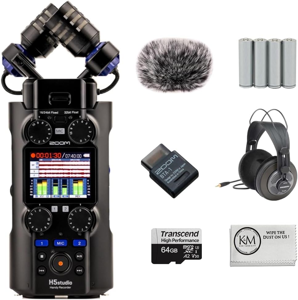 Zoom H5studio 4-Track Handy Recorder with 32-Bit Float Recording Bundle with Zoom BTA-1 Bluetooth Adapter + Headphones + 64GB Memory Card + Furry Wind Screen + 4 Pack AA Batteries + Cloth (7 Items)