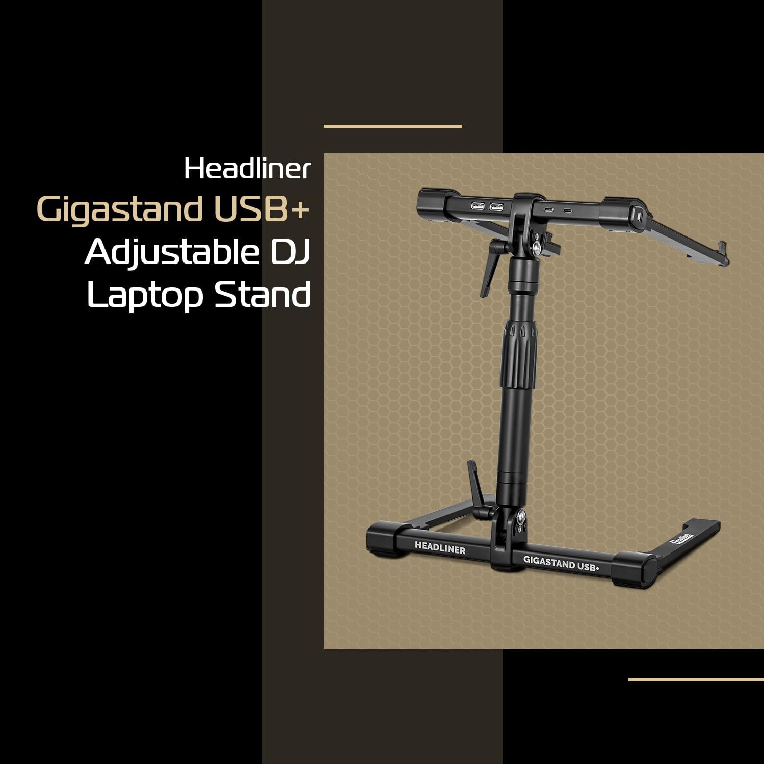 Headliner Gigastand USB+, Adjustable DJ Laptop Stand with Integrated USB-C Hub - Steel & Aluminum Construction, Foldable Design, Telescoping Neck - Perfect for DJs, Musicians, and Creators
