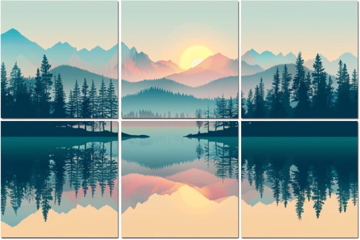 6 Pack Art Acoustic Panels Tranquil Sunrise Over Pastel Mountain Forest Soundproof Wall Panels, 48