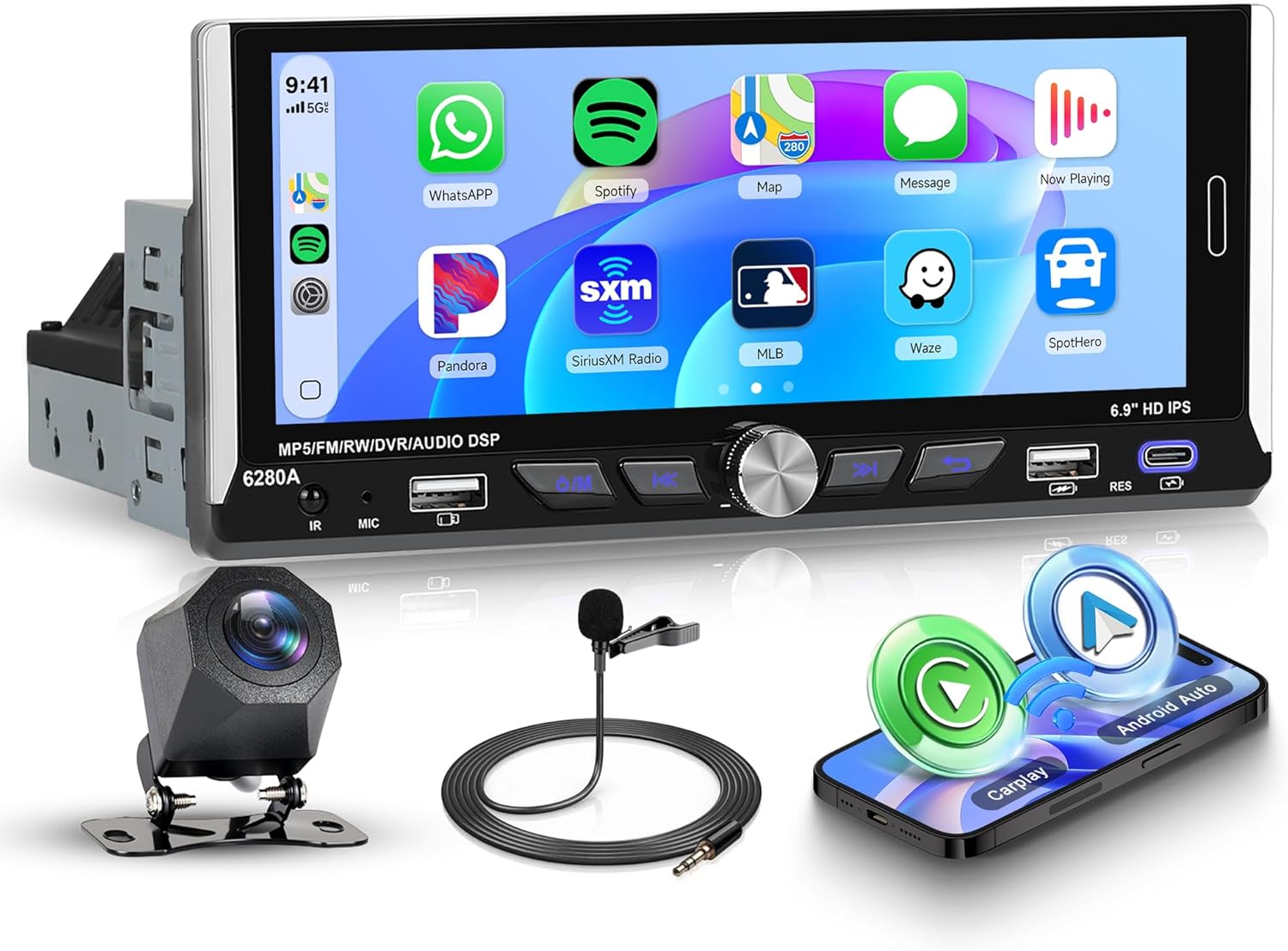 2G+64G Single Din Android Car Stereo with Wireless A-pple Carplay Android Auto, 6.9