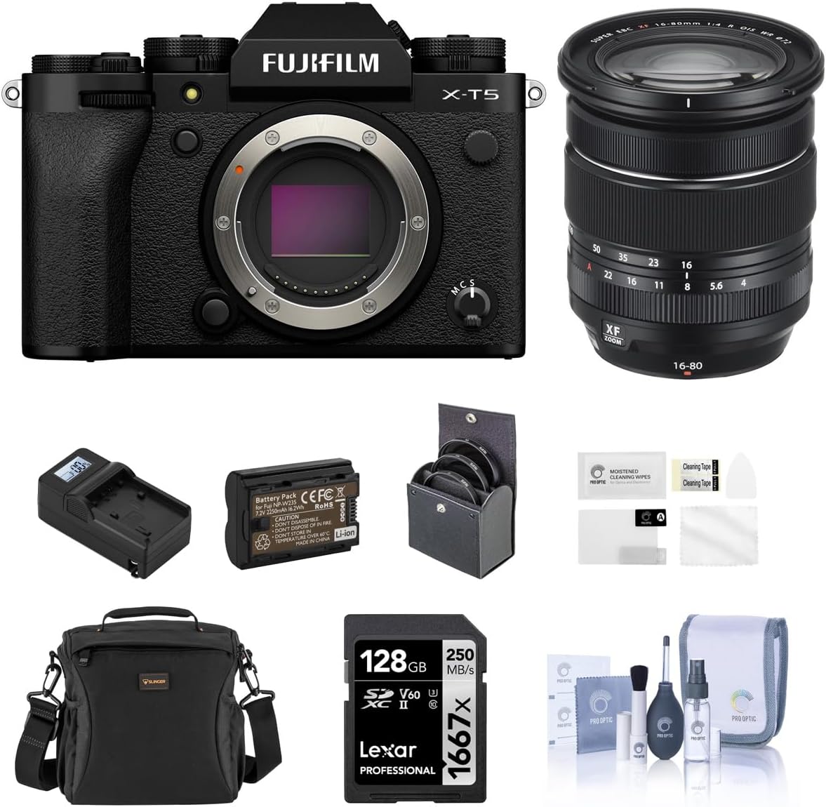 Fujifilm X-T5 Mirrorless Camera, Black with XF 16-80mm f/4.0 R OIS WR Lens, 128GB SD Card, Shoulder Bag, Extra Battery, Charger, 72mm Filter Kit, Screen Protector, Cleaning Kit