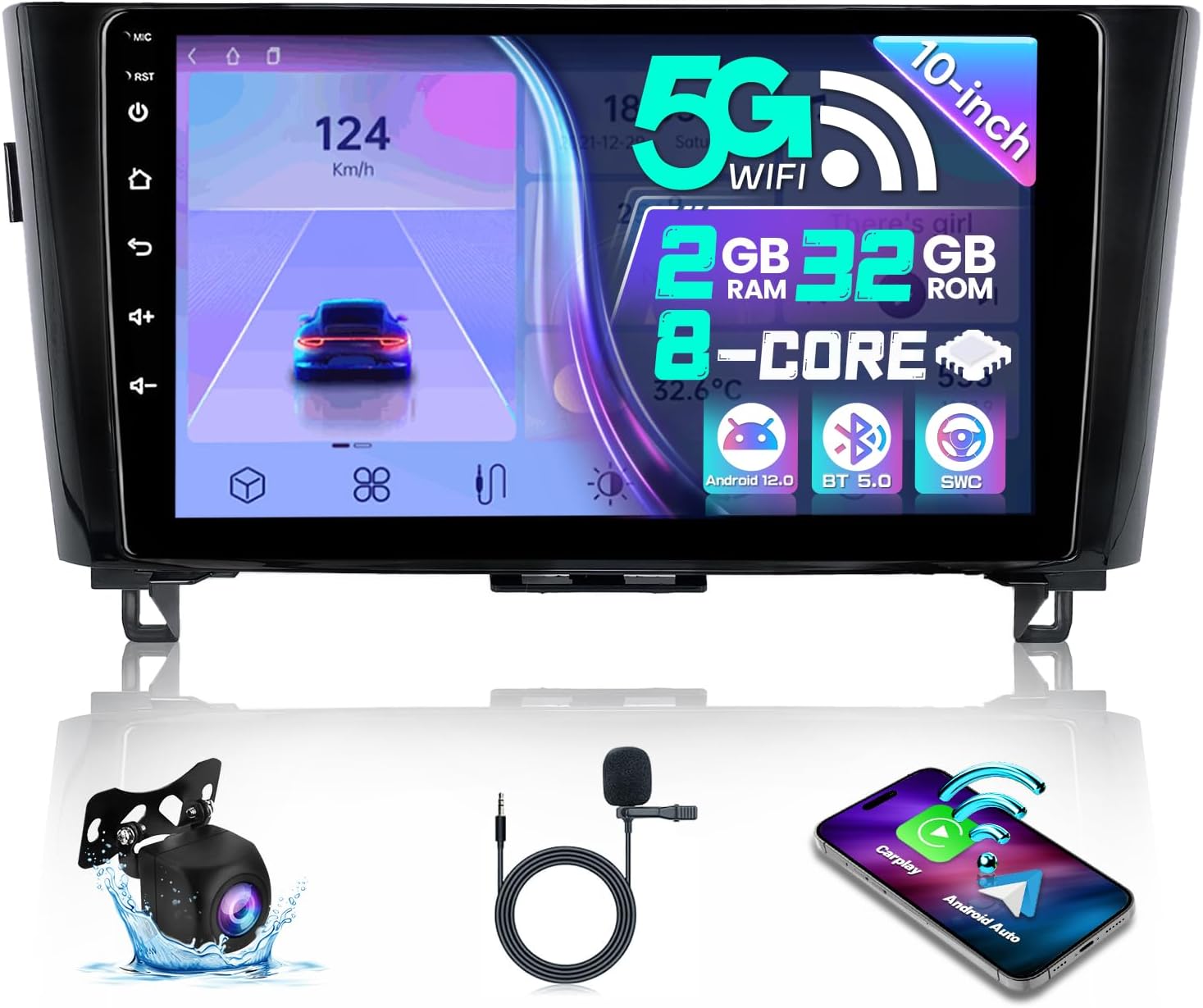 8 Core Car Stereo for Nissan Rogue X-Trail Qashqai 2014-2018 Wireless Carplay Android Auto 10.1 Inch HD Touchscreen Car Radio Android 12 Head Unit GPS Navigation SWC AHD Backup Camera 2+32GB