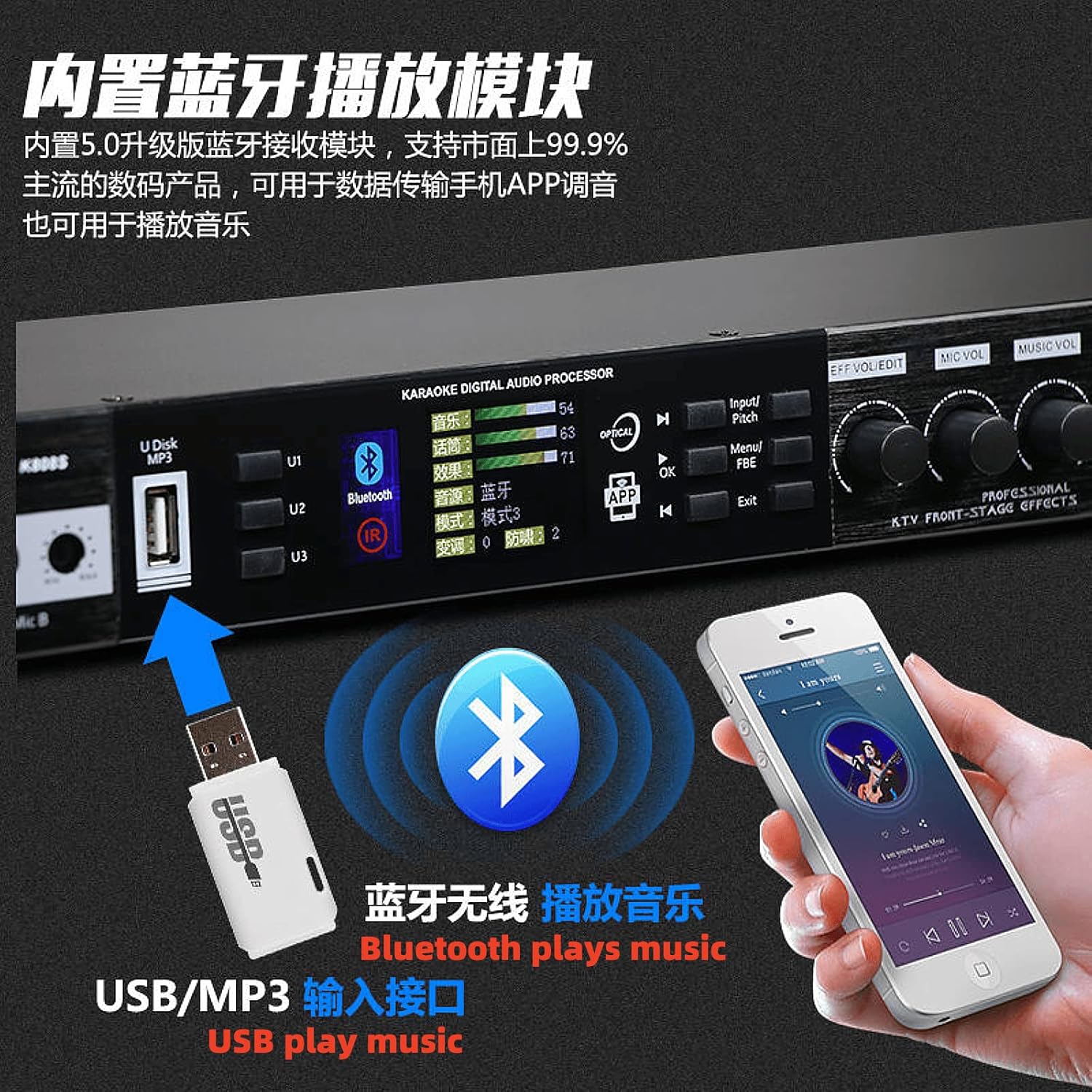 Professional Karaoke Audio Processor, with Equalizer, Exciter, Reverberation and Feedback Suppressor, Digital Analog Dual Application, USB Bluetooth Music Playback
