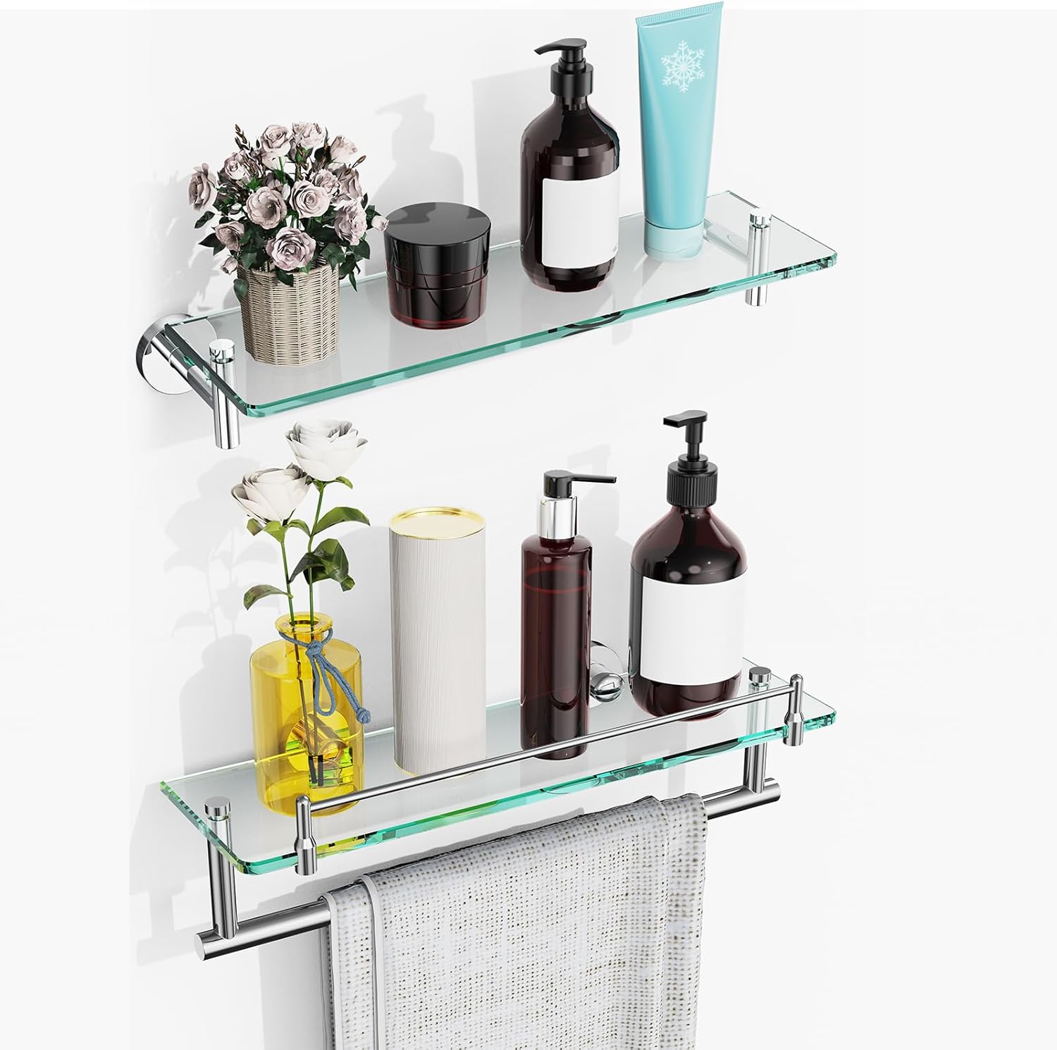 Bathroom Glass Shelf Wall Mount 2 Pack, 16-Inches Floating Glass Shelves,Glass Shelf with Towel Bar (Chrome Polished)