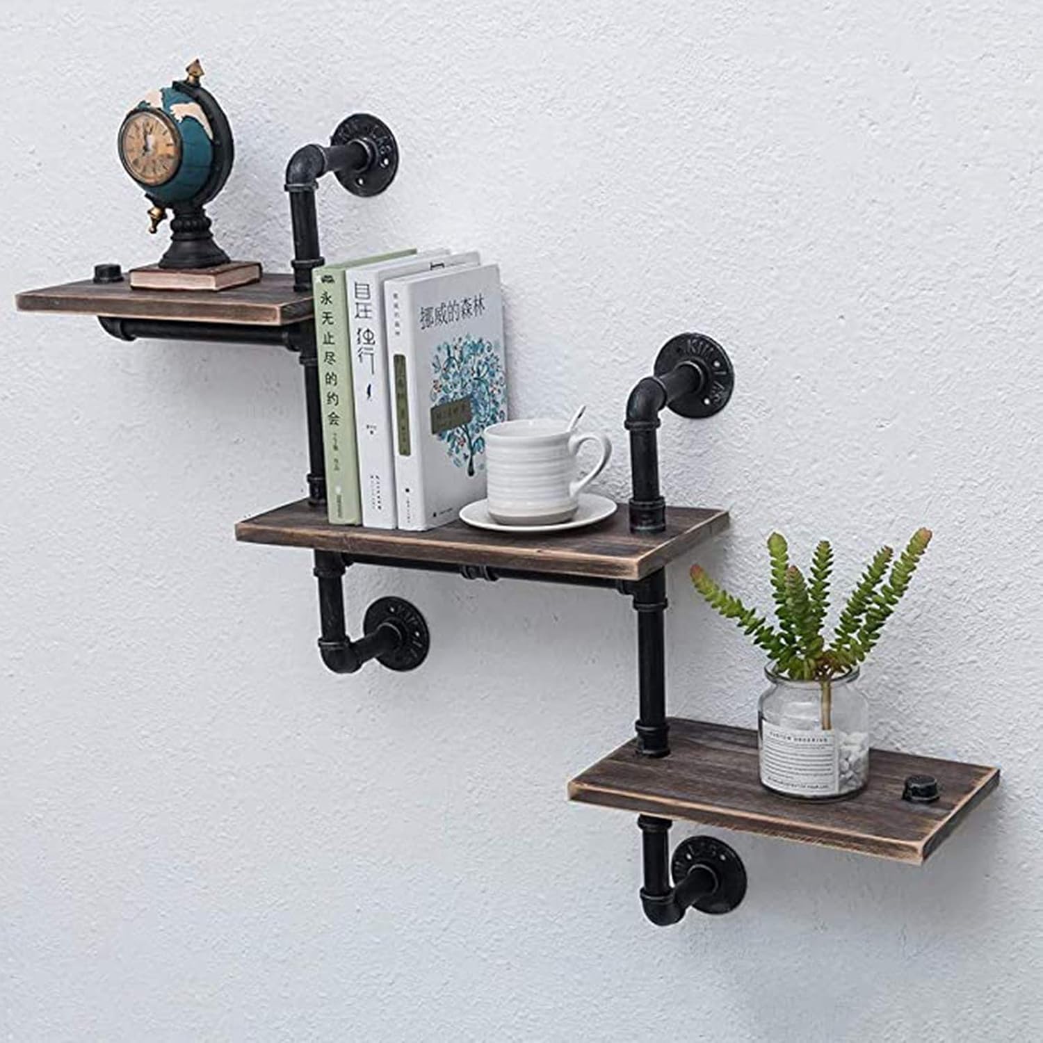 Retro Industrial Pipe Wall-Mounted Corner Stand, Rustic Utility Storage Shelves, Wood Storage Floating Shelves, Home Bookshelf Shelf