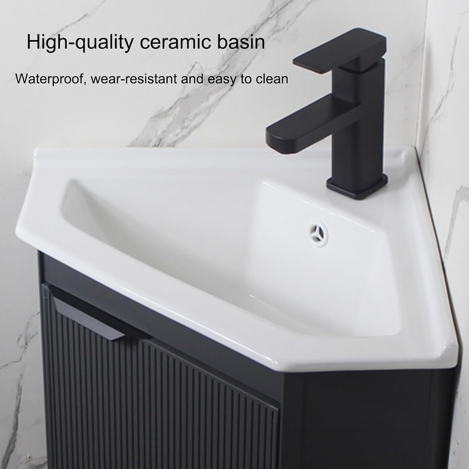 Small Wall Mount Corner Sink,Bathroom Triangle Wall Mounted Ceramic Wash Basin,Vanity Sink Wall Hung Floating Porcelain with Hot and cold Faucet Hole and Overflow for Small Space Outdoor and Indoor(48