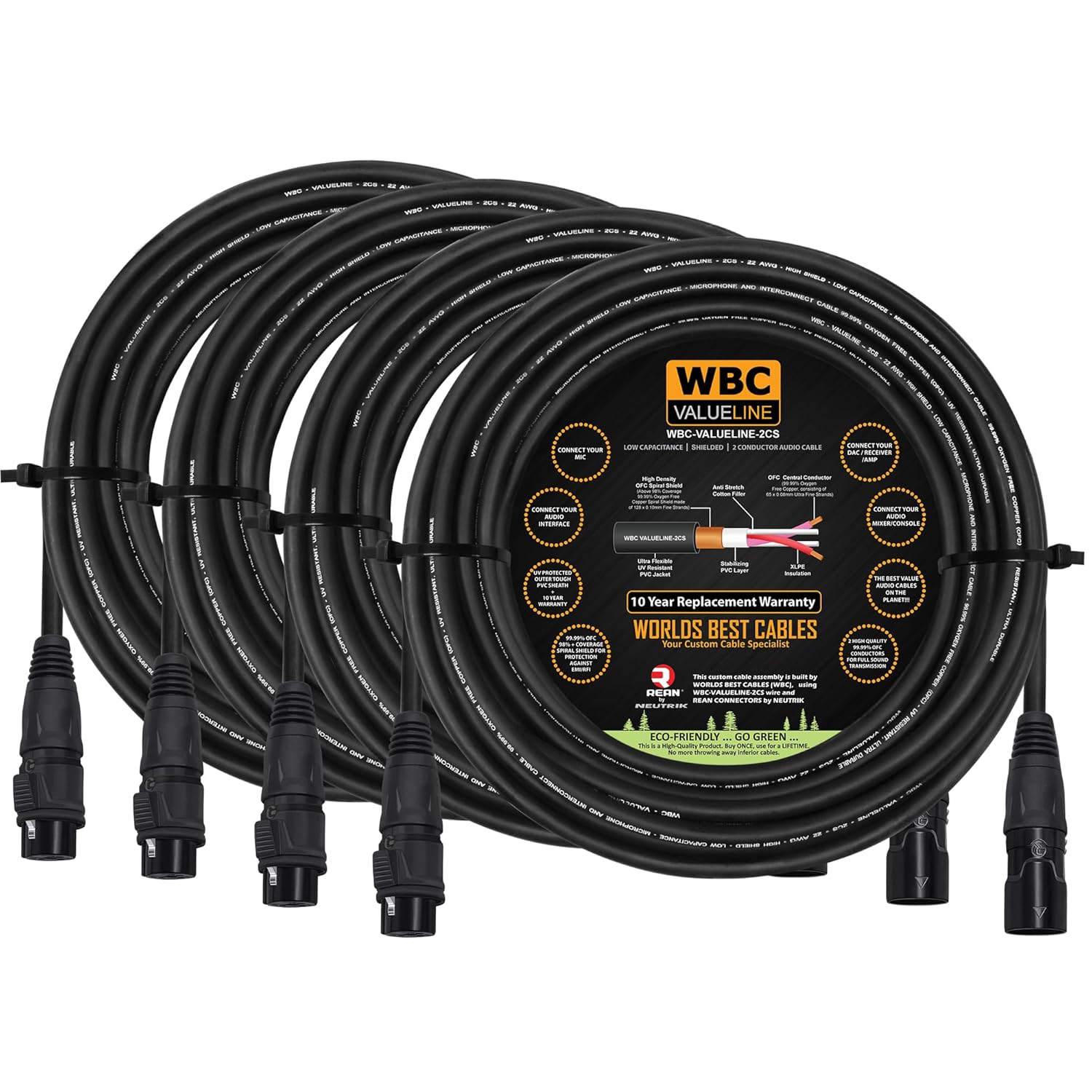 WBC-VALUELINE-2CS (22 AWG) - 4 Units - 75 Foot–Low-Capacitance Shielded Balanced Flexible Microphone, Active-Speaker & Interconnect Cables with Neutrik-Rean IP65 Rated Gold XLR Connectors