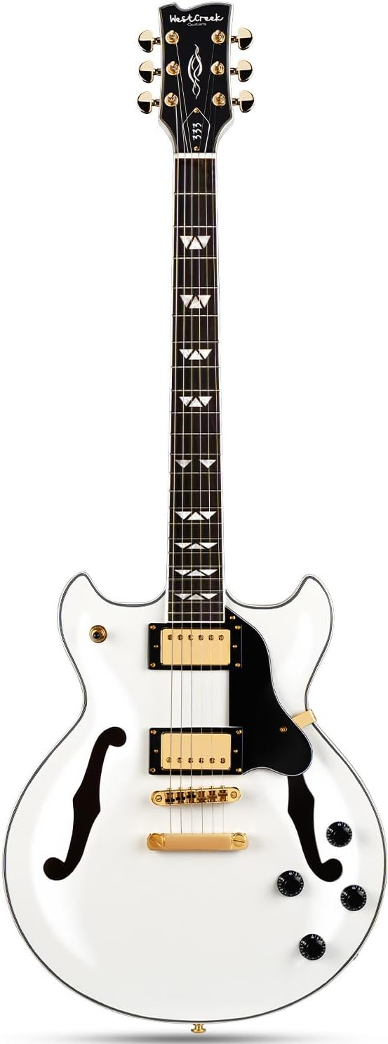 WestCreek 333 Electric Guitar, Semi Hollow Body Jazz Electric Guitar, Alnico Humbucker Pickups, Rosewood Fretboard, Maple Neck, Rounded End Frets, Maple Body, Full size (Polar White)