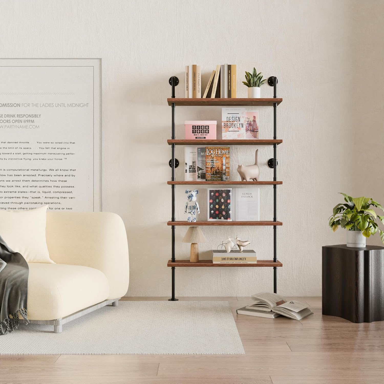 5 Tier Industrial Ladder Shelf Bookcase, Wall Mounted Wood Metal Pipe Rustic Bookshelf for Living Room (Weathered Brown, 10