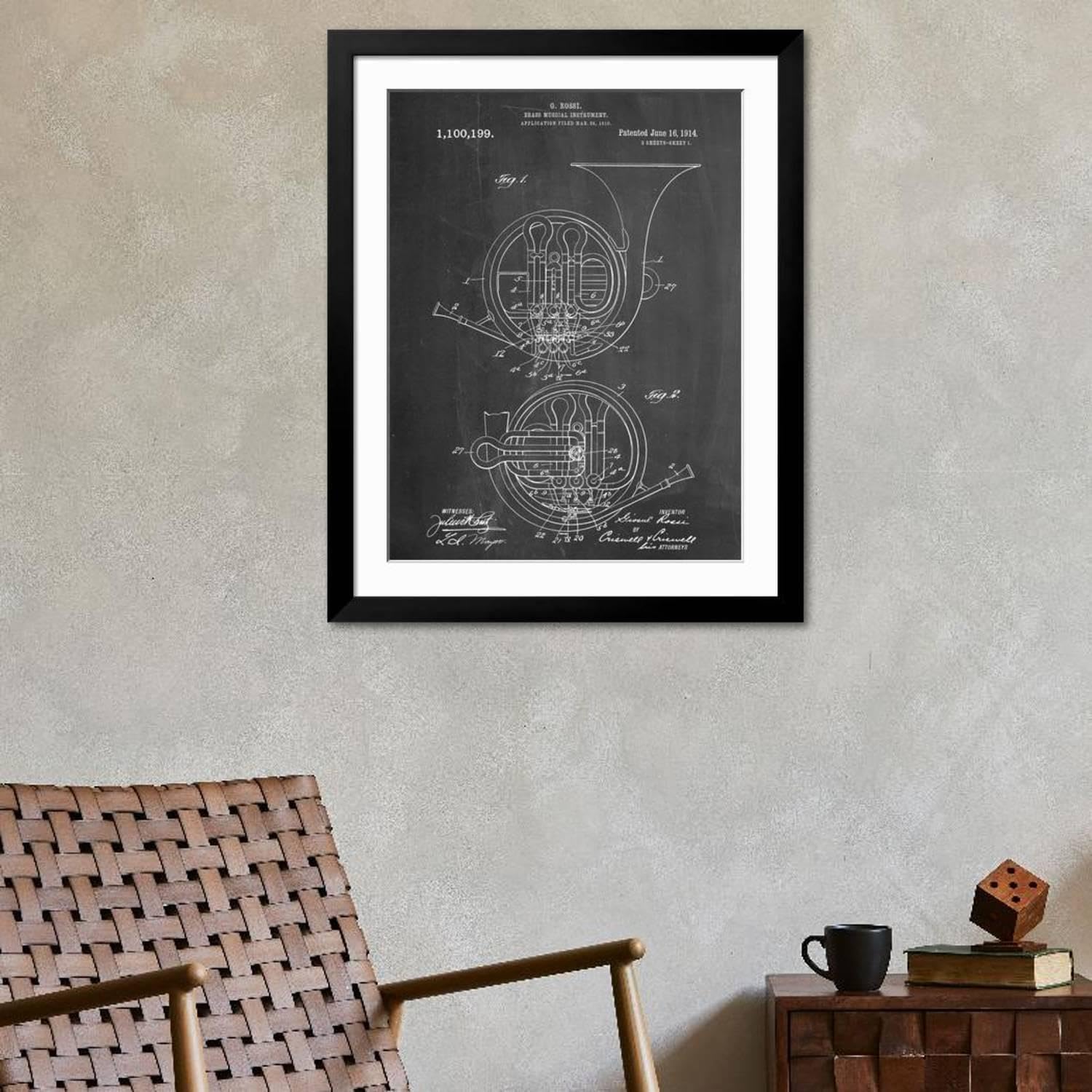 ART.COM Wall Art Print French Horn Instrument Patent on Black Frame, 32