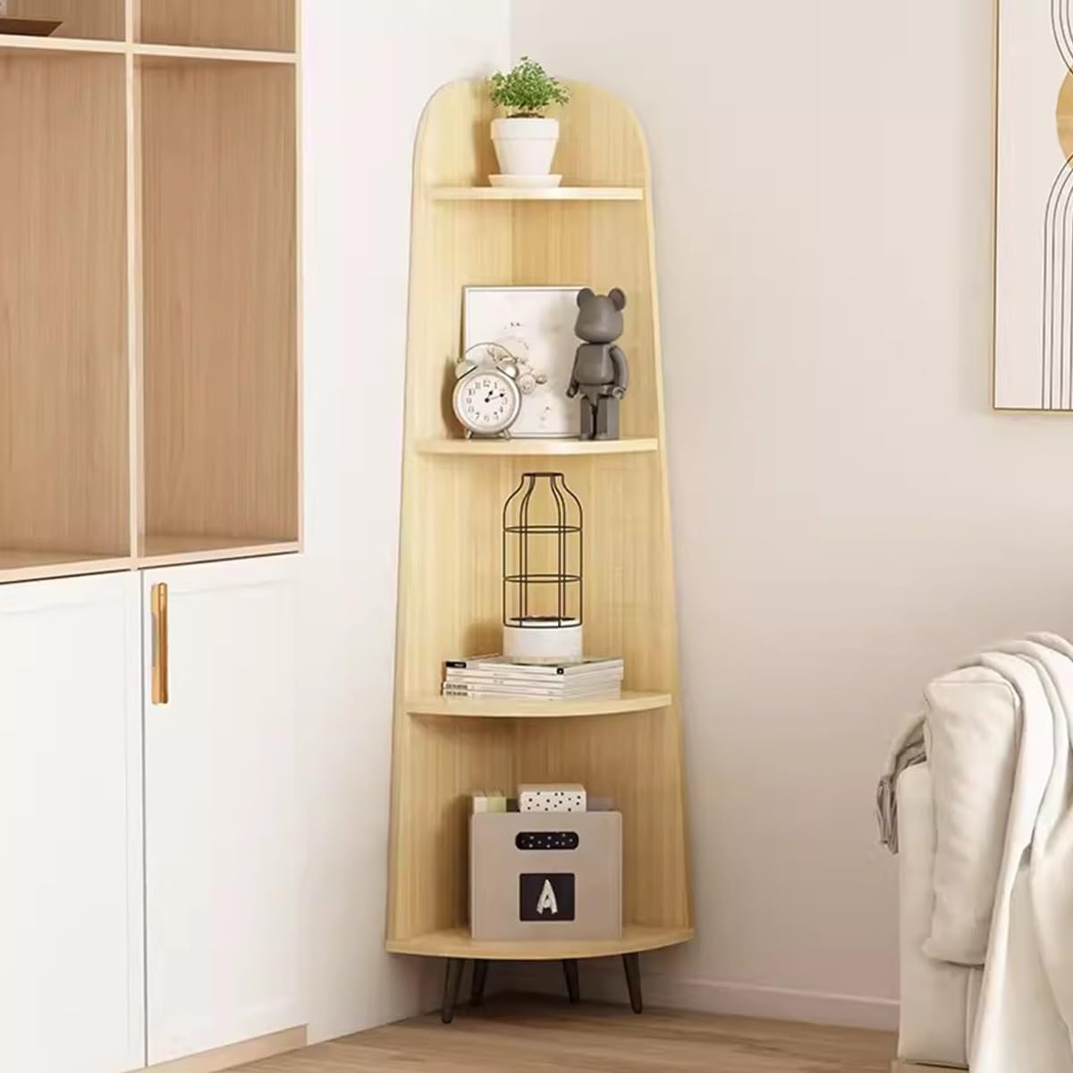 Standing Corner Shelf 4 Tier, Narrow Bookshelf Wooden Shelving Unit for Living Room Bedroom Office, Storage Shelves Ladder Shelf Retro Corner Cabinet (Original Wood One Size)