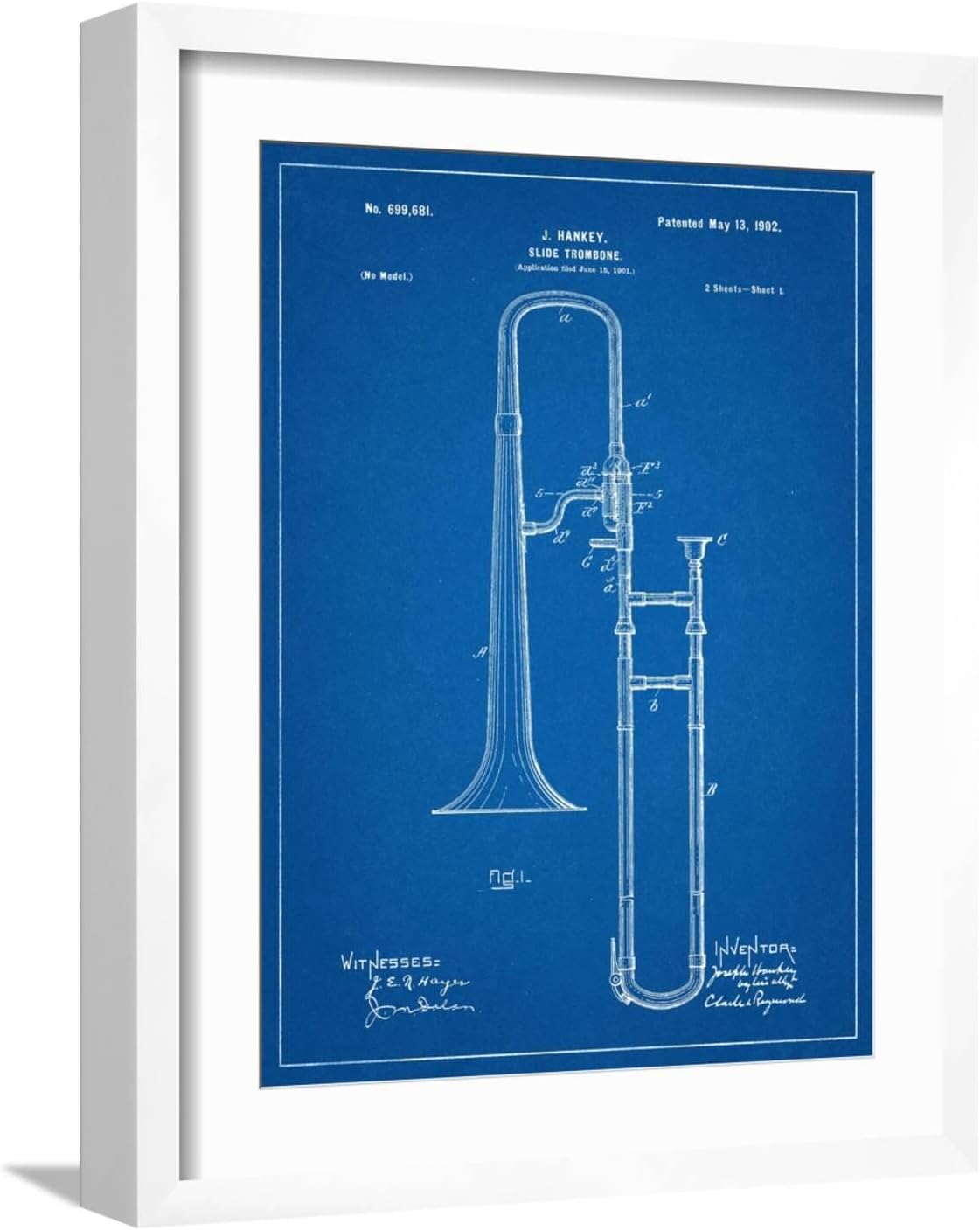 ART.COM Wall Art Print Slide Trombone Instrument Patent on White Frame, 16