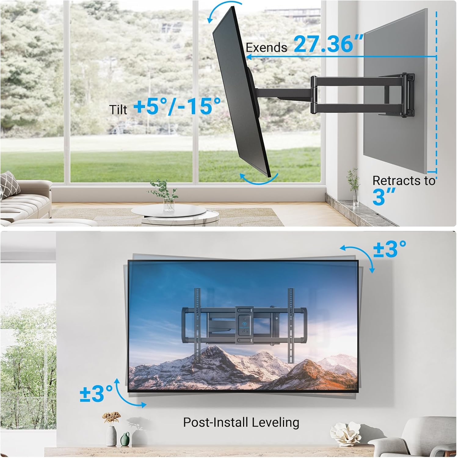 PERLESMITH Long Arm TV Wall Mount Full Motion for 37-75 inch TVs, Corner TV Mount Bracket with 27.36-inch Articulating Long Extension Arm, Swivel&Tilt, Max VESA 600x400mm up to 110lbs, 16