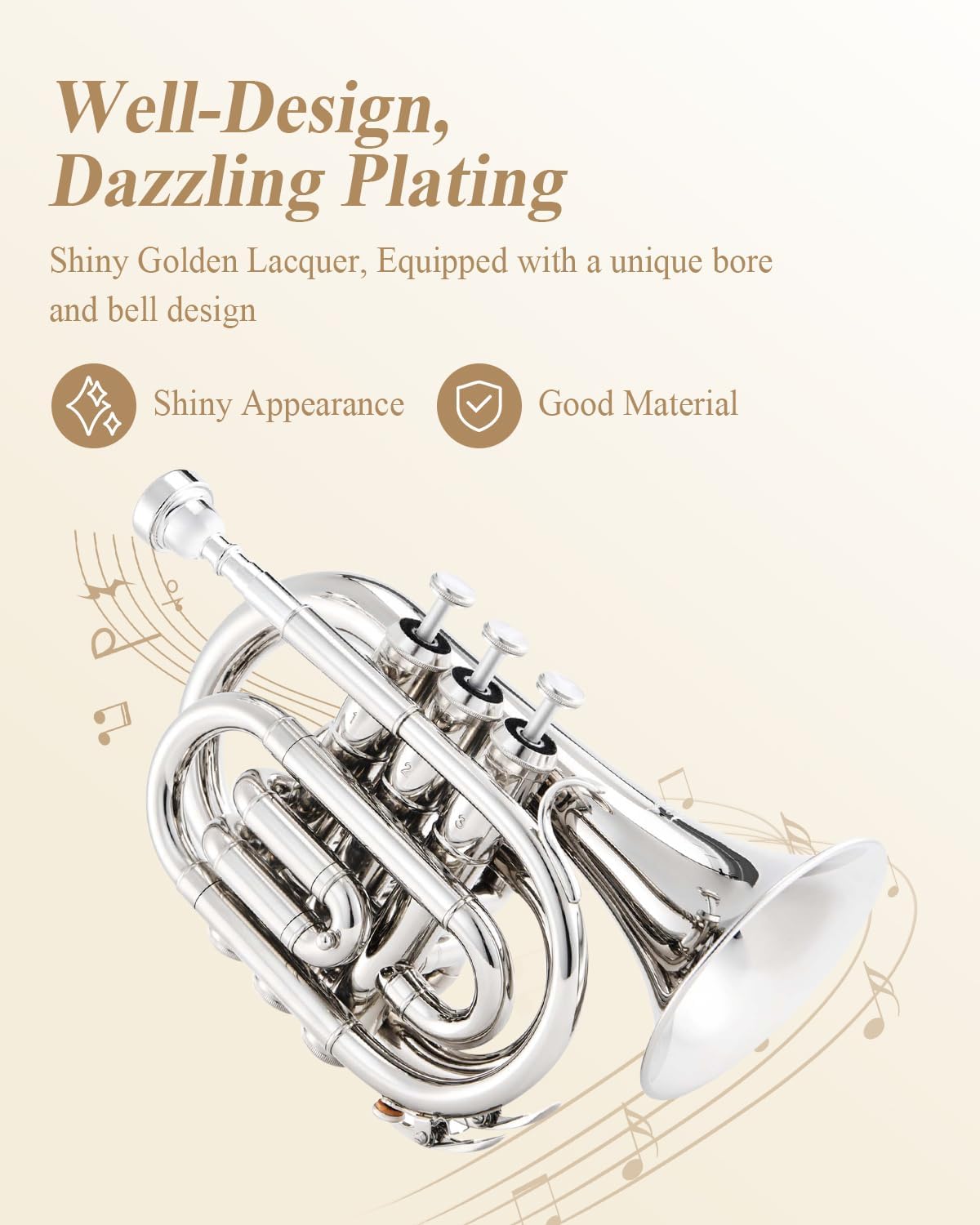 Eastar Pocket Trumpet B Flat for Beginners Students, Brass Trumpet Mouthpiece 7C, Cleaning Kit, Hard Case, Gloves, ETR-330N, Nickel