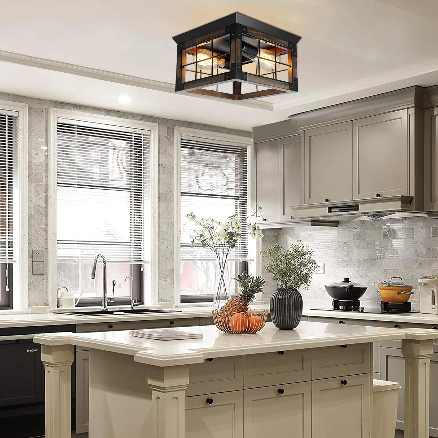 Farmhouse Flush Mount Ceiling Light, 2-Lights Farmhouse Ceiling Light Fixture, Corner Farmhouse Kitchen Light Fixtures with E26 Socket, Rustic Light Fixtures for Dining Room Kitchen Entryway