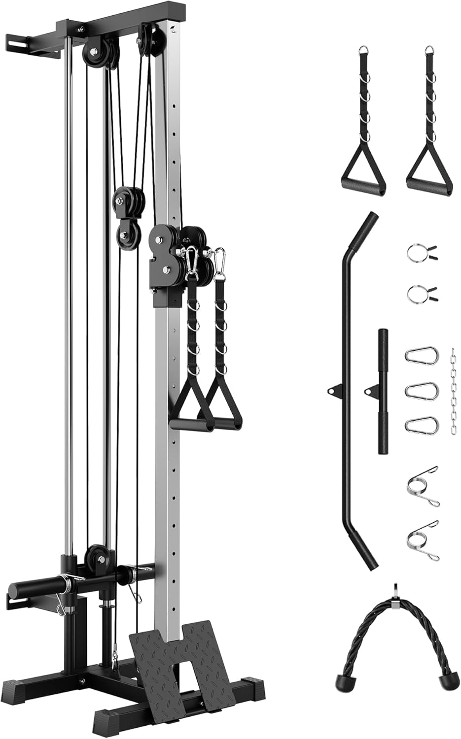 Garvee Wall Mount Cable Station, LAT Pulldown Machines with 19 Positions Dual Pulley System, Cable Crossover Machine with Adjustable Footplate, T-Bar and More Attachments, Workout Equipment Home Gym