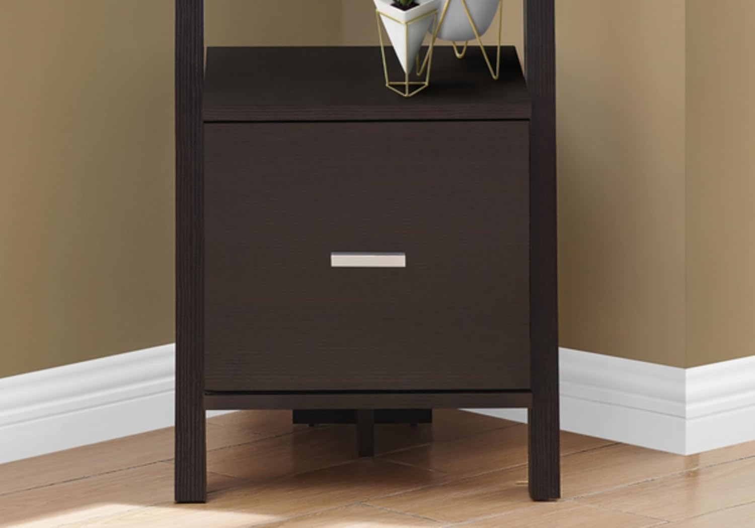 Bookshelf 69 Inch Ladder Bookcase Corner Etagere with 3 Fixed Staggered Shelves and Deep Drawer On Glides, Espresso Laminate Office Bedroom Storage, Space Saving Wall-Mountable