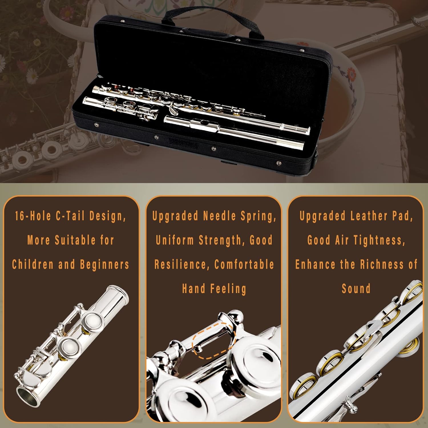 Closed Hole C Flute 16 Keys Nickel-Plated Flutes For Beginners Student Flute Instrument With Case Stand Cleaning Cloth Gloves Tuning Rod (Silver)