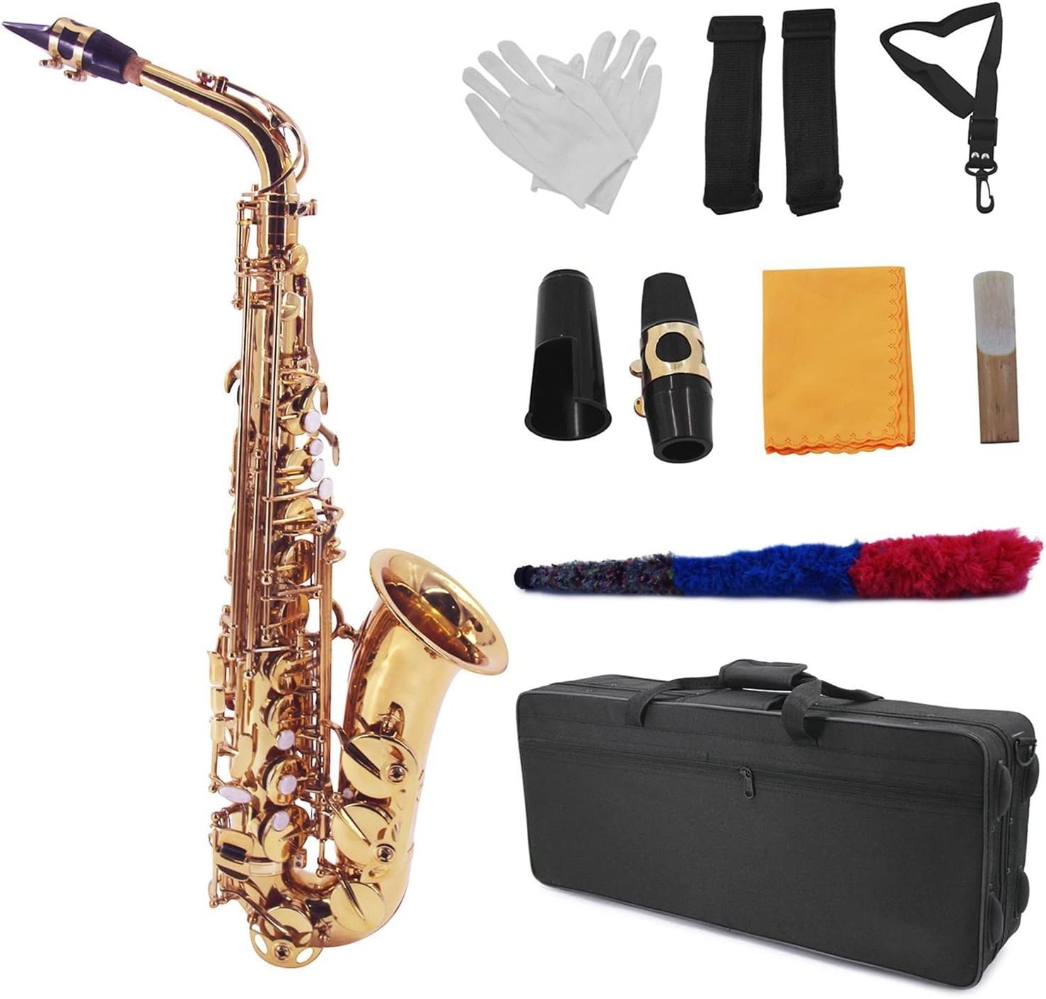 KESHUO EB Alto Saxophone Sax Brass Gold 802 Key Woodwind Instrument with Case Reed Cleaning Brush Cloth Gloves Straps Brass Sax Beginners Kit