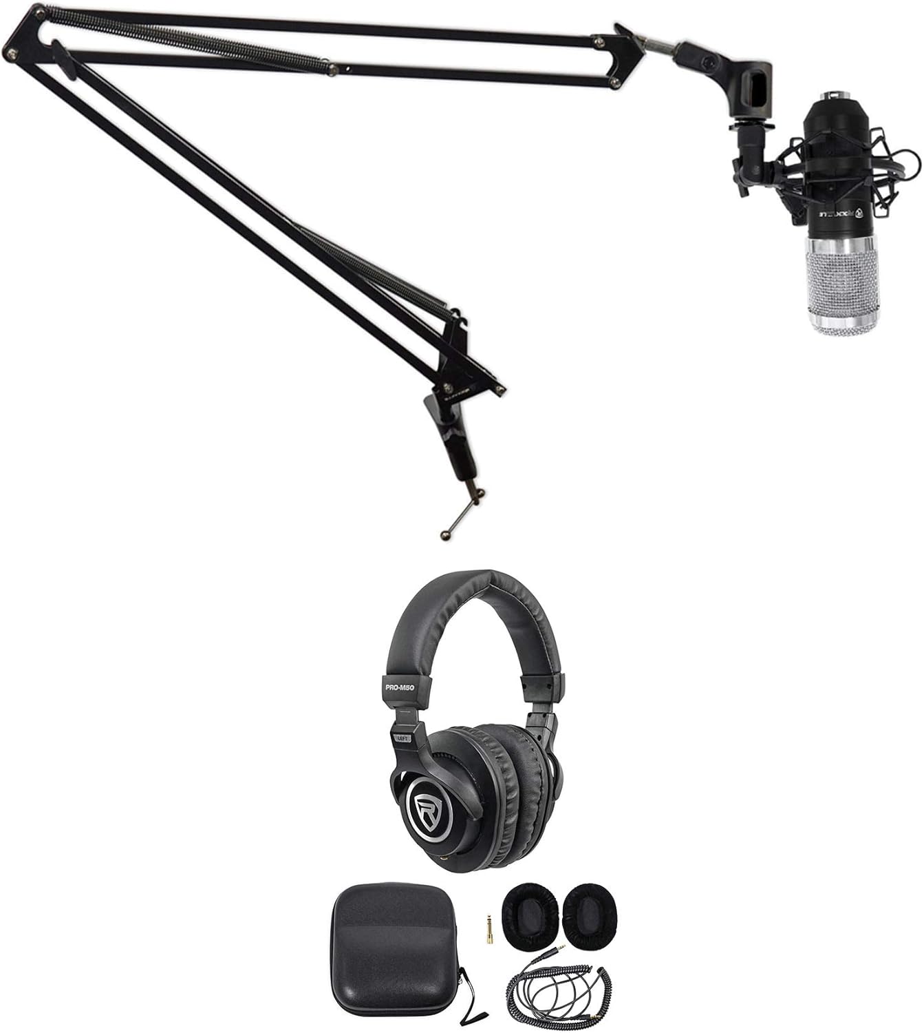 Rockville RCM01 Bundle: Pro Studio Recording Condenser Microphone with Metal Shock Mount, DMS40 40 in Boom Arm USB Mic Stand with Desk Clamp, PRO-M50 Studio Headphones with Case, 3-Items