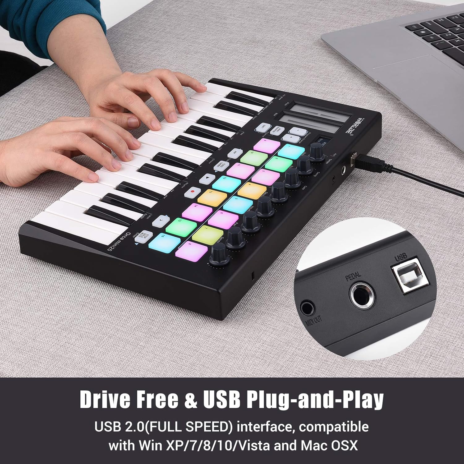 25 Portable 25-Key USB MIDI Keyboard Controller with 16 RGB Backlit Trigger Pads 8 Assignable Control Knobs