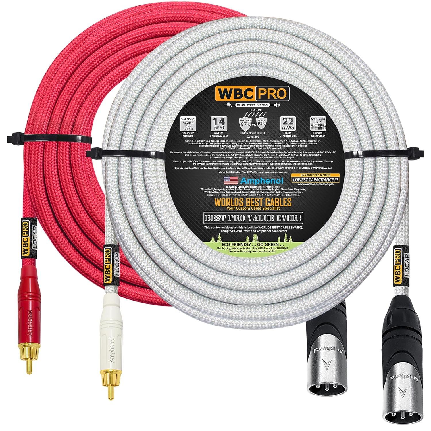 50 Foot RCA to XLR (Male) Cable Pair - WBC-PRO-LOCAP Low-Capacitance (14pF/ft) 22 AWG Ultra-Silent Audiophile & Pro-Grade Audio Interconnect Cable - Amphenol Plugs & Red & Silver Tweed Jackets
