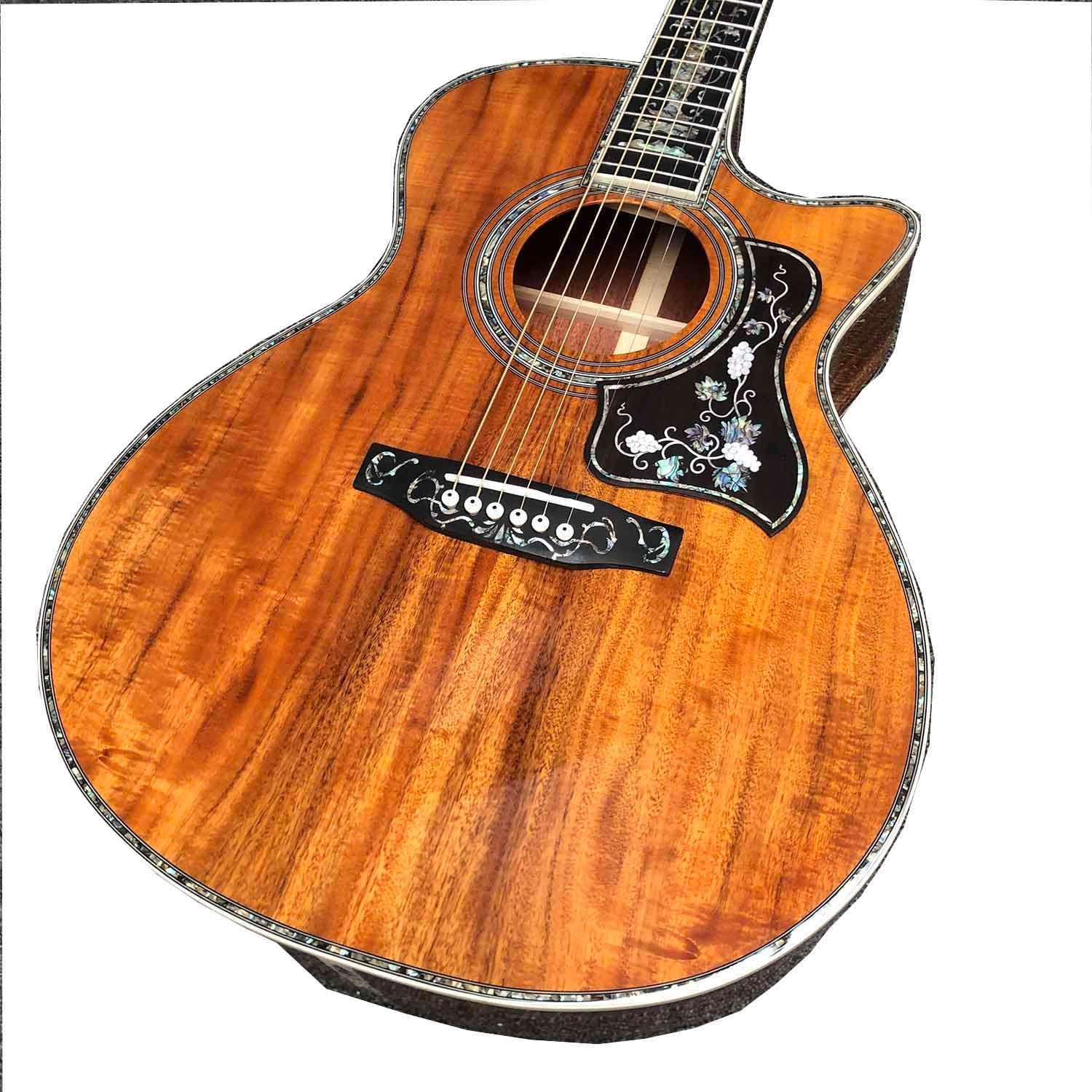 40 Inch OM Type Solid KOA Wood Top Ebony Fingerboard Abalone Inlays 43mm Nut Width Cutaway Acoustic Electric Guitar with Double B1G Soundhole Pickup and Hardcase
