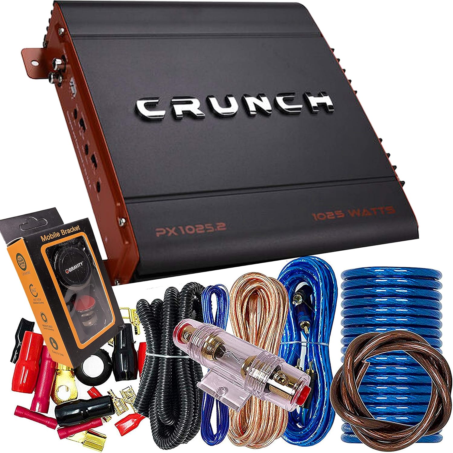 Crunch PX-1025.2 1000 Watts Power X Two Channel Car Audio Amplifier + 2 Channels 4 Gauge Amplifier Kit with Gravity Magnet Phone Holder Bundle