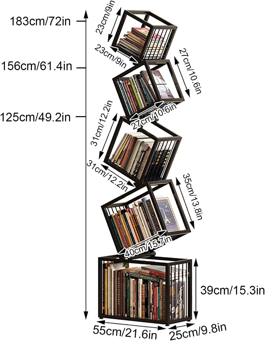 Irregular Geometric Bookshelf, Metal Decorative Storage Shelving, Modern Freestanding Display Shelves Bookcase, Tall Book Shelf Unit for Living Room Bedroom(183cm/72in)