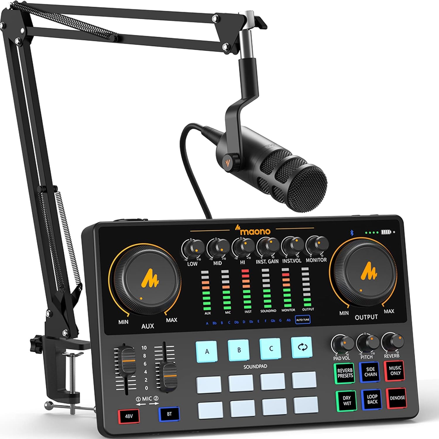 MAONO Podcast Equipment Bundle 10 Channel Audio Interface and XLR Dynamic Microphone MaonoCaster with Pro-preamp, 48V, Bluetooth for Podcast, Streaming, TikTok, Youtube, PC, Smartphone (AME2C Pro)
