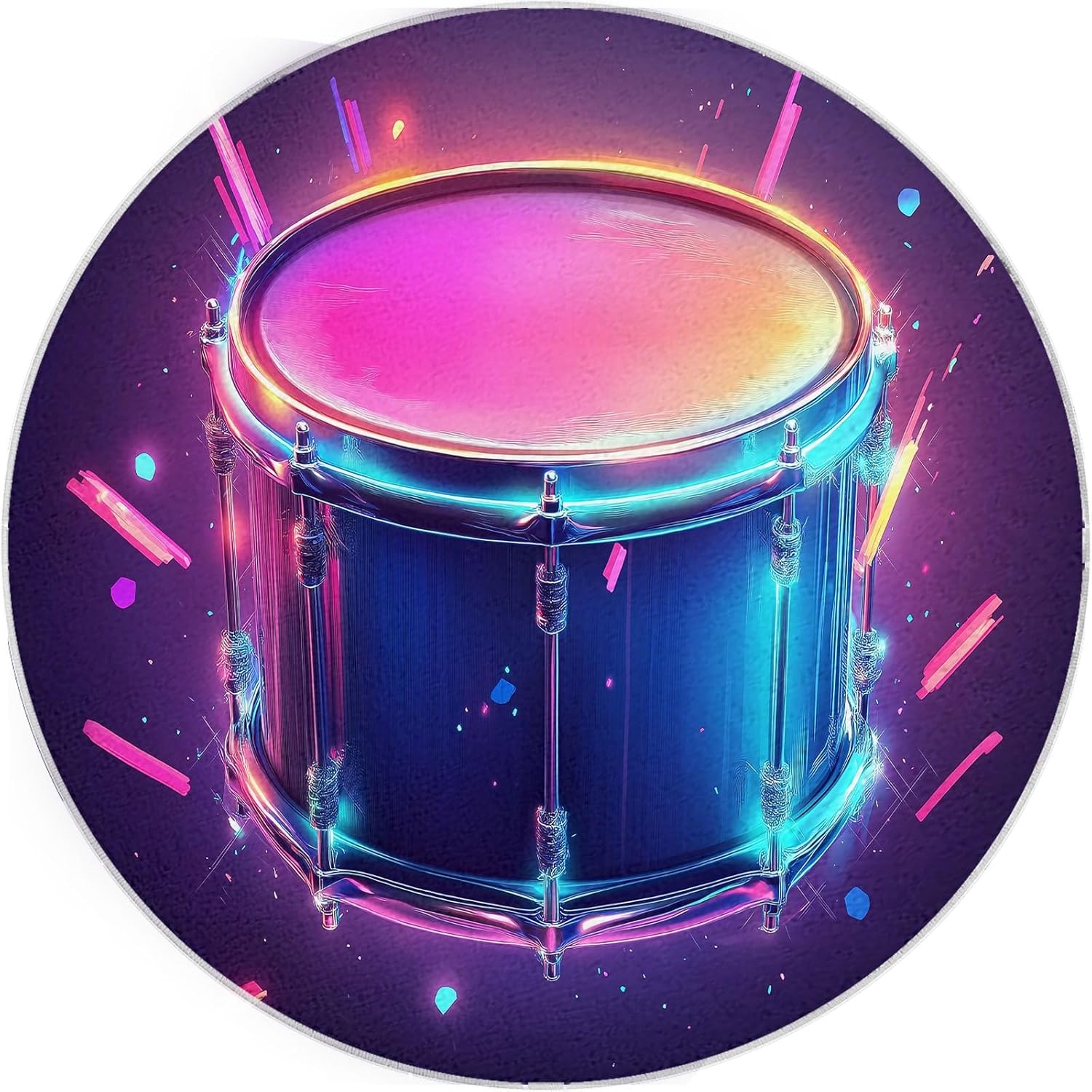 6 ft Round Area Rug for Living Room Bedroom Carpet Game Art Style Neon Drum Entryway Bedside Mat Easy Cleaning Home Decor Circle Floor Rug Music Drum Machine Washable No Slip Rugs