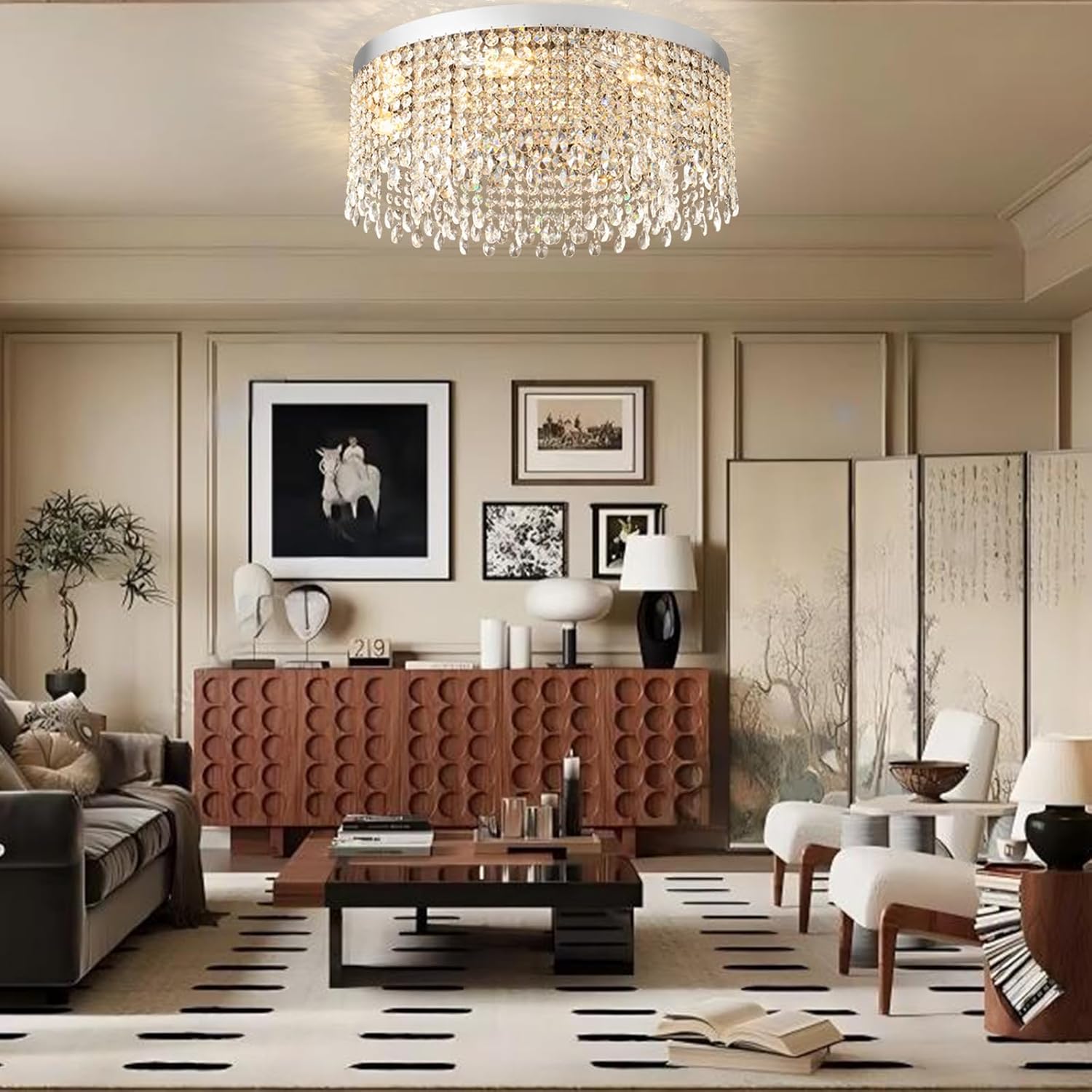 Modern Crystal Ceiling Light Chandelier 31.5in Raindrop Crystal Chandelier Large Flush Mount Light Fixtures for Living Room Dining Room Bedroom Chrome