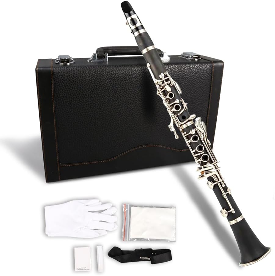 C-Flat Clarinet Silver Nickel Keys Woodwind Band & Orchestra Musical Instruments for Beginners Includes Case& Cleaning Kit Silver keys Orchestra Musical Instruments (01)