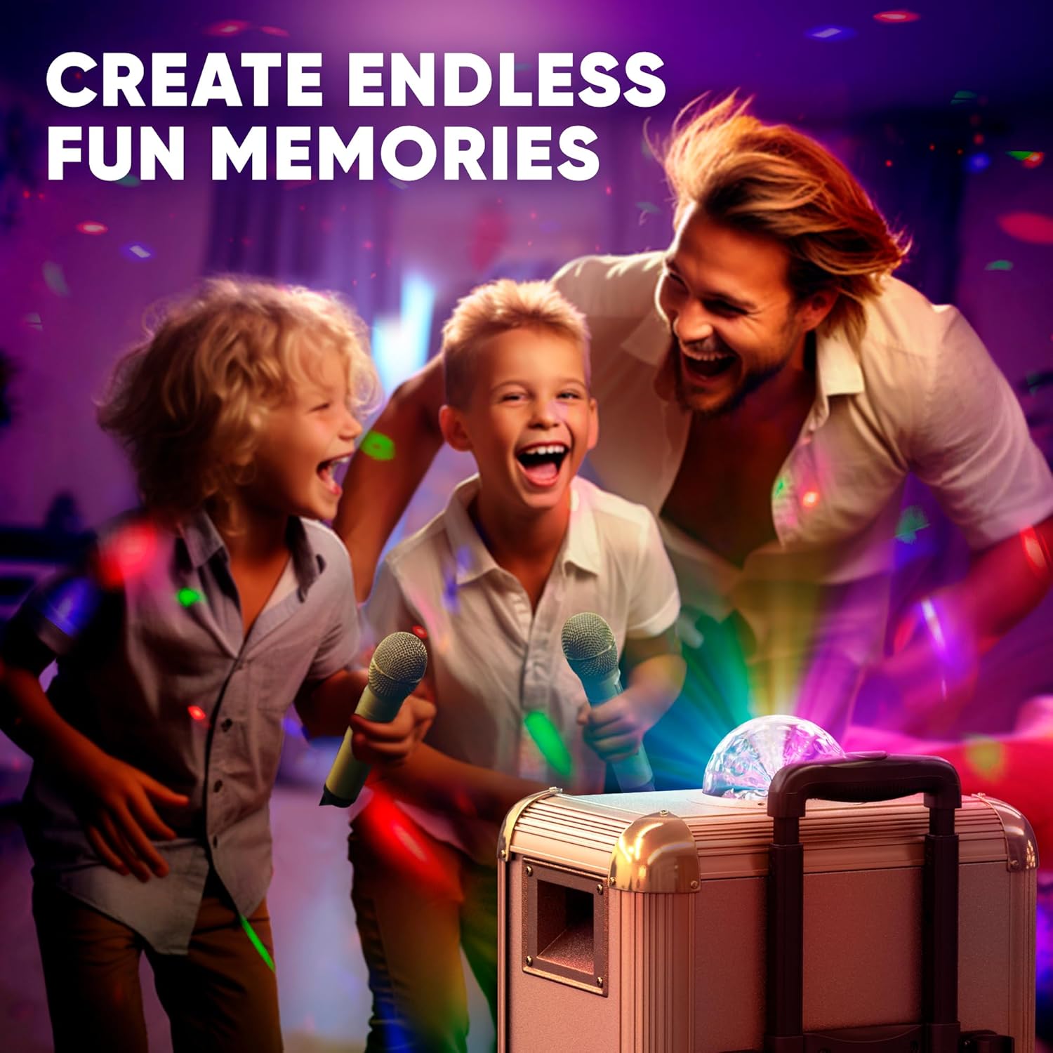 MASINGO Karaoke Machine for Adults and Kids with 2 Bluetooth Wireless Microphones. Portable Singing PA Speaker System with Disco Ball Lights, Lyrics Display Tablet Holder & TV Cable. Soprano X1 2.0